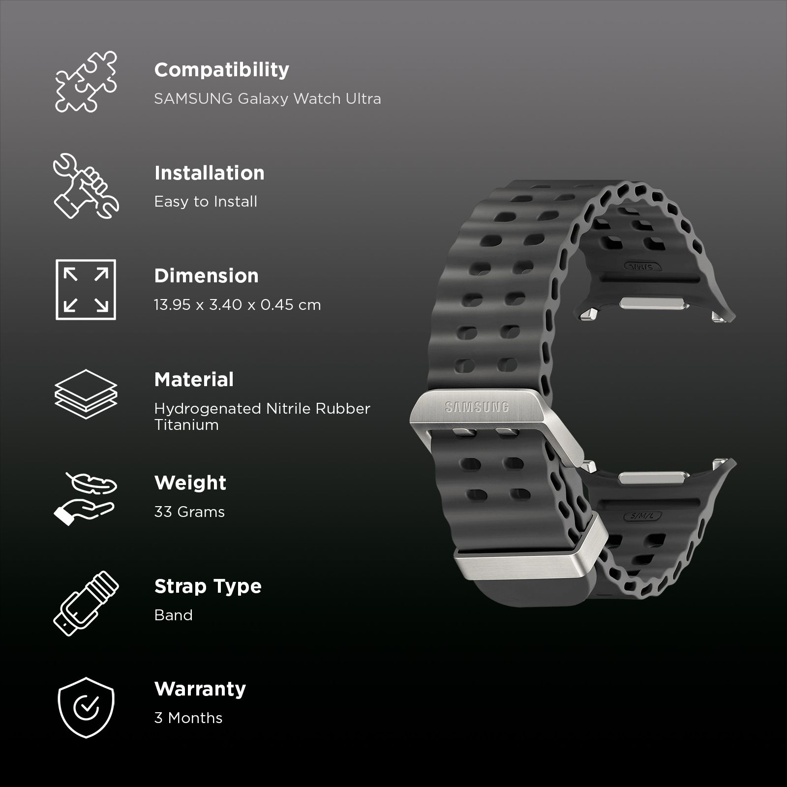 SAMSUNG ET-SNL70MBEGIN HNBR, Titanium Marine Band for SAMSUNG Galaxy Watch Ultra (Lugless Design, Dark Gray) SAMSUNG ET-SNL70MBEGIN HNBR, Titanium Marine Band for SAMSUNG Galaxy Watch Ultra (Lugless Design, Dark Gray)_2