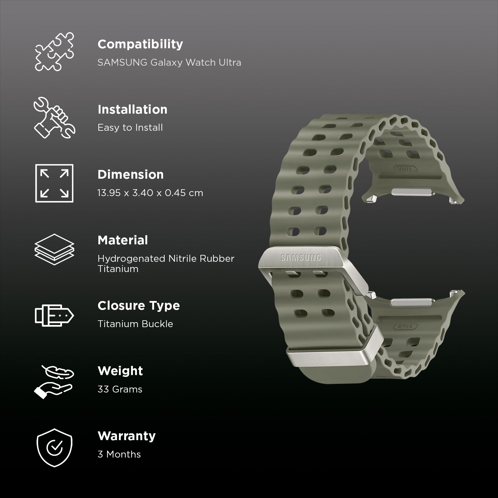 SAMSUNG ET-SNL70MKEGIN HNBR, Titanium Marine Band for SAMSUNG Galaxy Watch Ultra (Lugless Design, Green) SAMSUNG ET-SNL70MKEGIN HNBR, Titanium Marine Band for SAMSUNG Galaxy Watch Ultra (Lugless Design, Green)_2