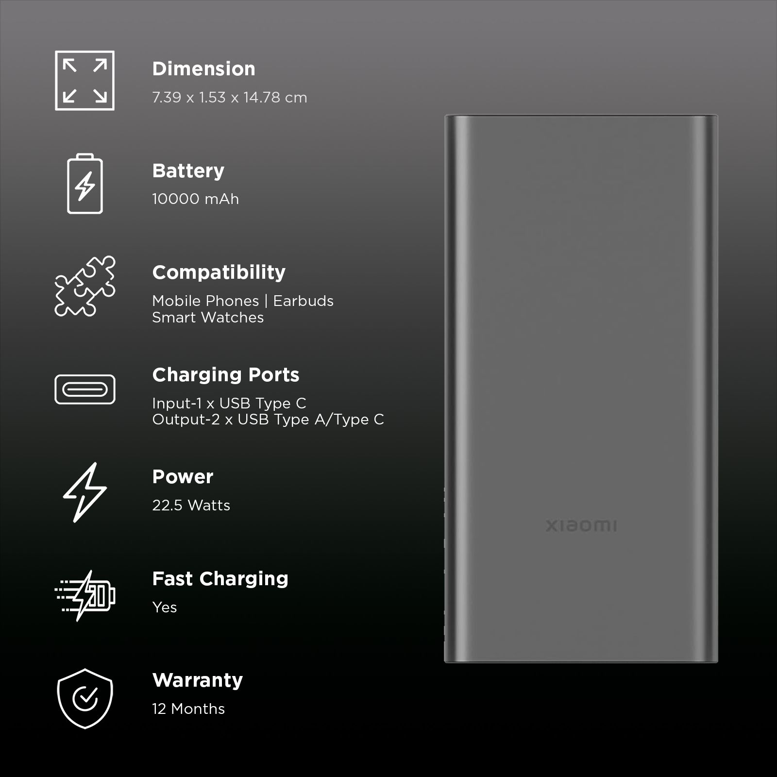 Xiaomi 4i 10000 mAh 22.5W Fast Charging Power Bank (2 Type A & 1 Type C Ports, QC 3.0 Support, Classic Black) Xiaomi 4i 10000 mAh 22.5W Fast Charging Power Bank (2 Type A & 1 Type C Ports, QC 3.0 Support, Classic Black)_3