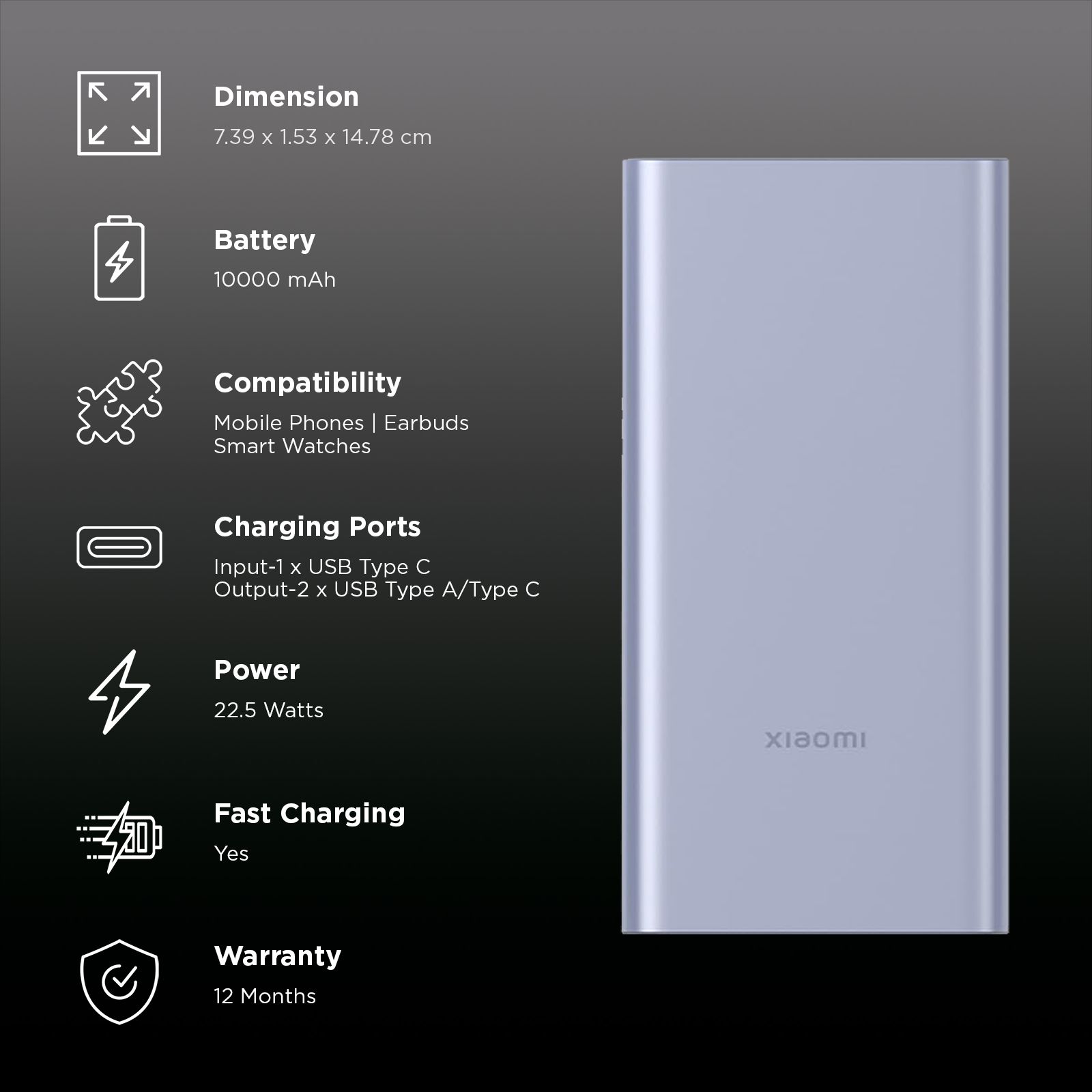 Xiaomi 4i 10000 mAh 22.5W Fast Charging Power Bank (2 Type A & 1 Type C Ports, Quick Charge 3.0, Coral Purple)_3