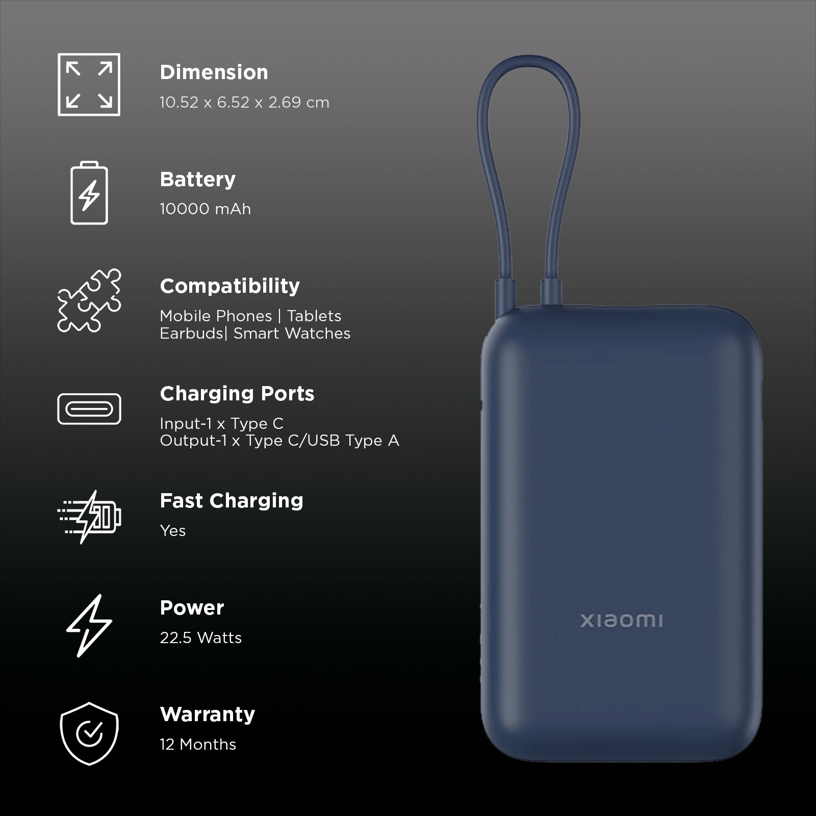 Xiaomi Pocket 10000 mAh 22.5W Fast Charging Power Bank (2 Type A & 1 Type C Ports, Quick Charge 3.0, Blue)_3