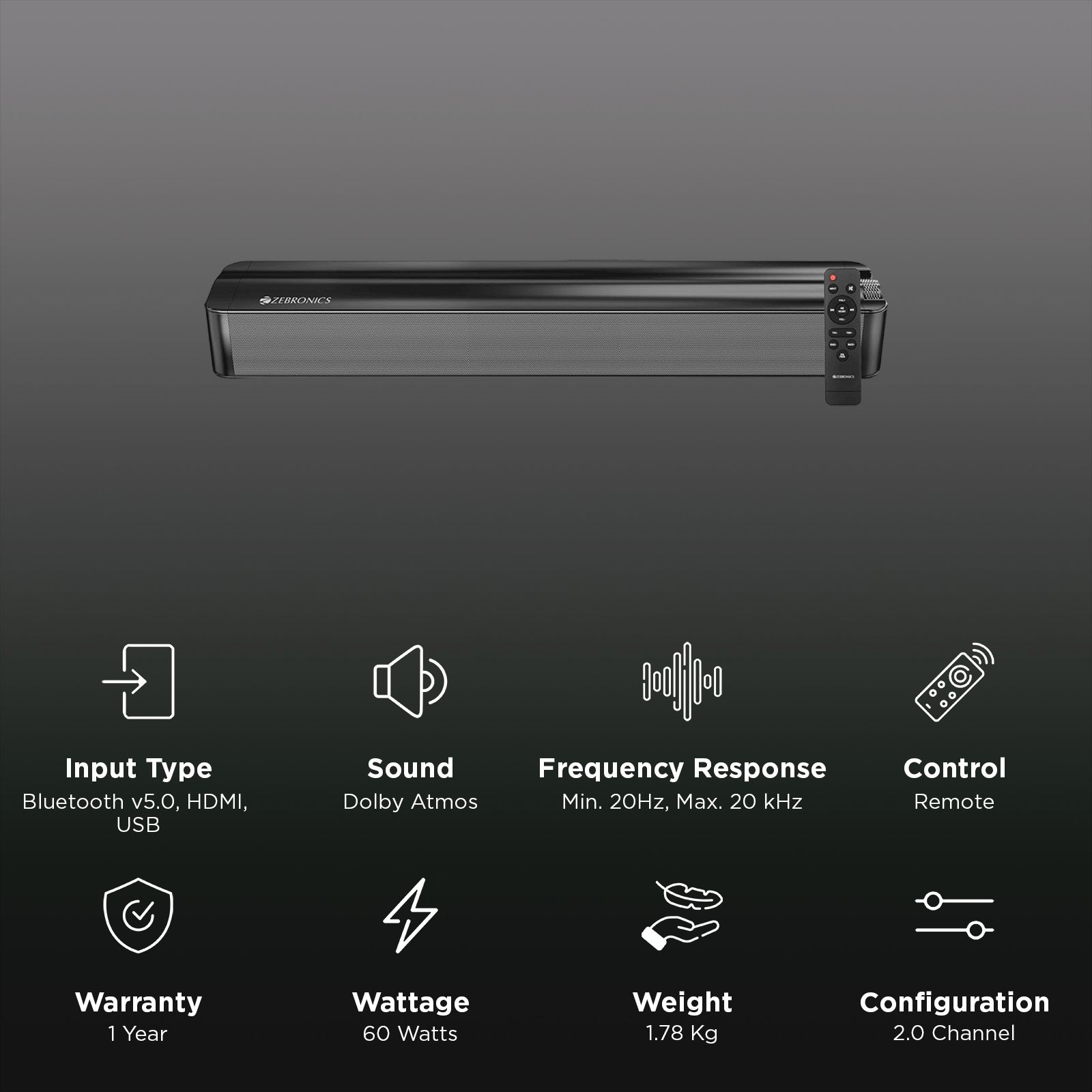 ZEBRONICS Juke Bar 2601 60W Bluetooth Soundbar With Remote (2.0 Channel, Black) ZEBRONICS Juke Bar 2601 60W Bluetooth Soundbar With Remote (2.0 Channel, Black)_2