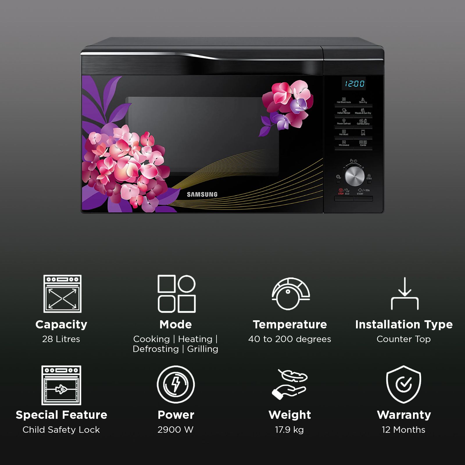 SAMSUNG 28L Convection Microwave Oven with ECO Mode (MC28M6036CH, Black & Pattern) SAMSUNG 28L Convection Microwave Oven with ECO Mode (MC28M6036CH, Black & Pattern)_3