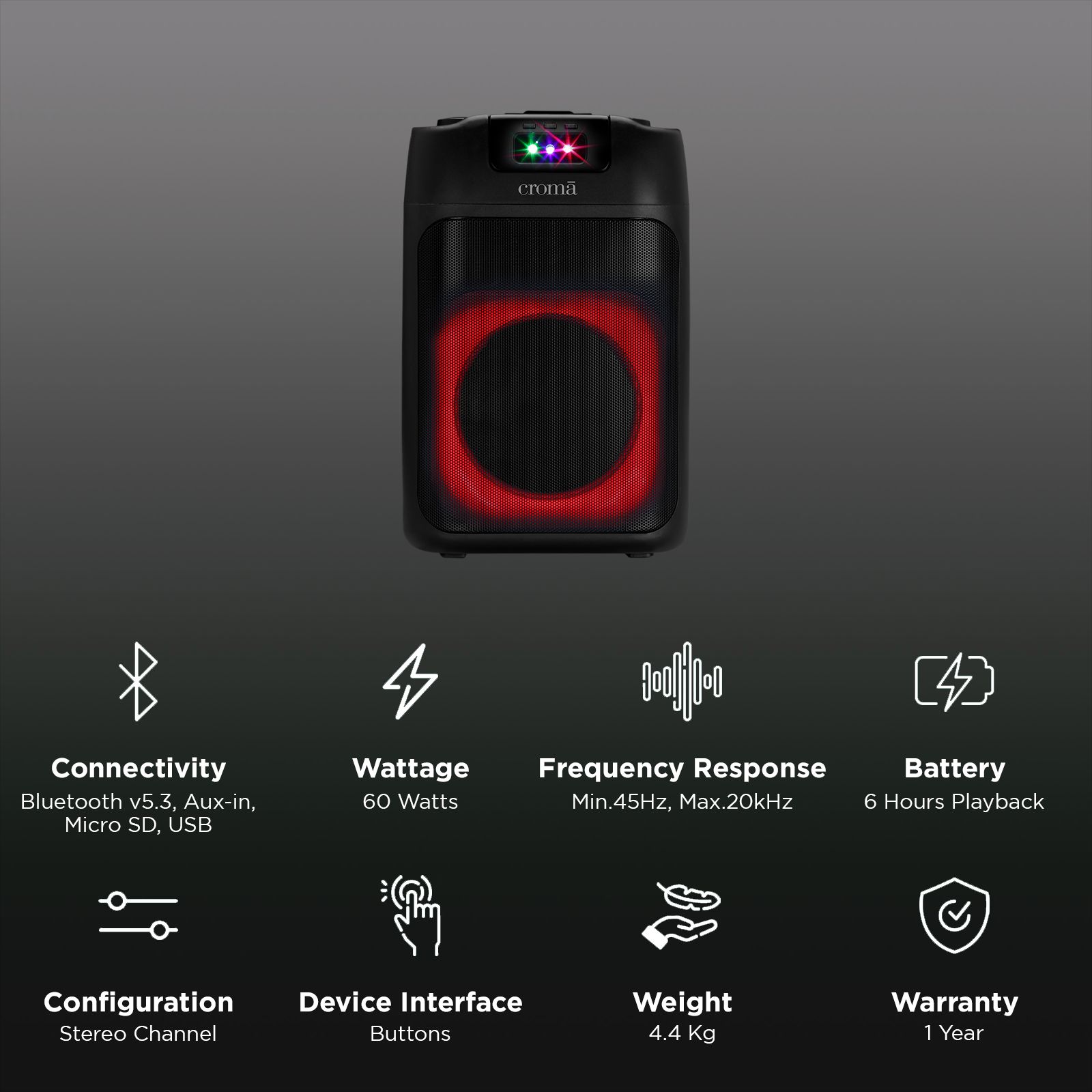 Croma 60 W Bluetooth Party Speaker with mic (TWS Function, Stereo Channel, Black) Croma 60 W Bluetooth Party Speaker with mic (TWS Function, Stereo Channel, Black)_2