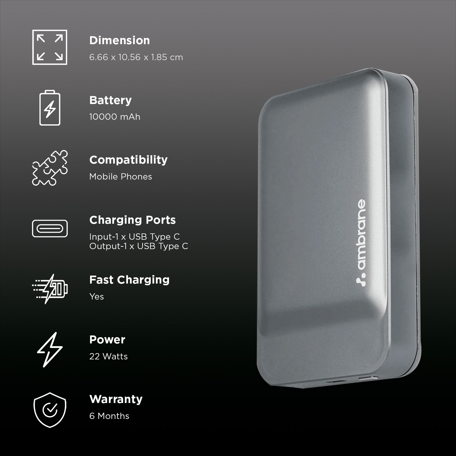 ambrane AeroSync PB Prime 10000 mAh 22W Fast Charging Power Bank (1 Type C Ports, Premium Metallic Body, MagSafe Compatible, Grey)_3