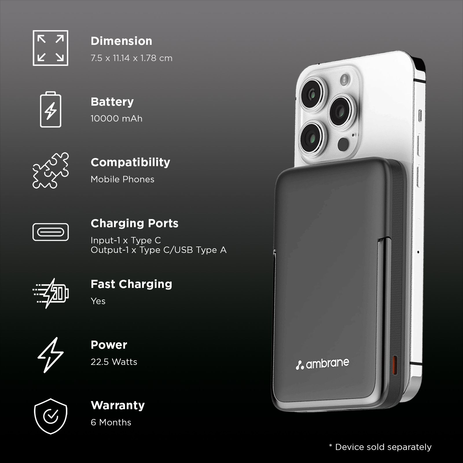 ambrane AeroSync PB 11 10000 mAh 22.5W Fast Charging Power Bank (1 Type C & 1 Type A Ports, MagSafe Compatible, Black) ambrane AeroSync PB 11 10000 mAh 22.5W Fast Charging Power Bank (1 Type C & 1 Type A Ports, MagSafe Compatible, Black)_3
