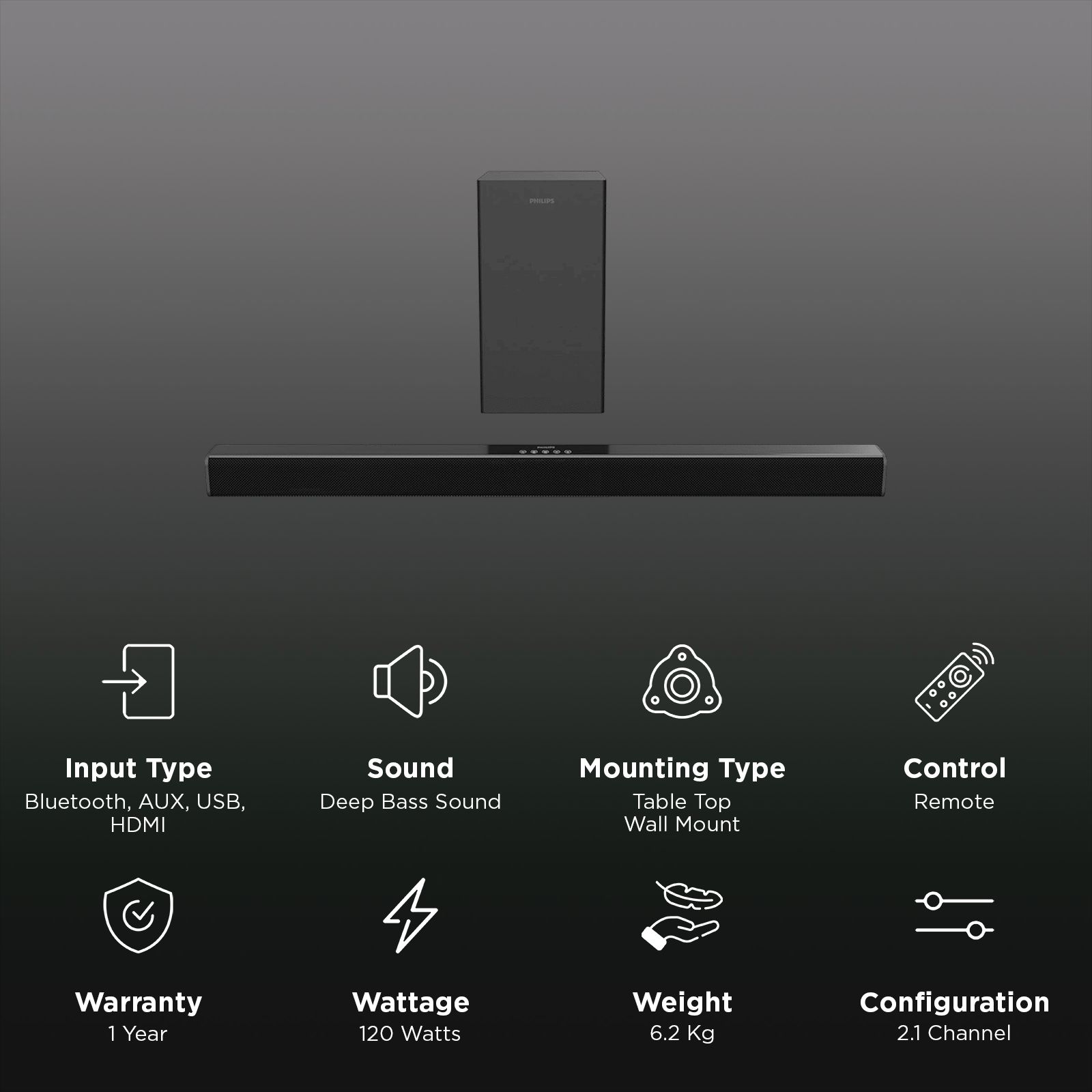 PHILIPS TAB4218/94 120W Bluetooth Soundbar (2.1 Channel, Black) PHILIPS TAB4218/94 120W Bluetooth Soundbar (2.1 Channel, Black)_1
