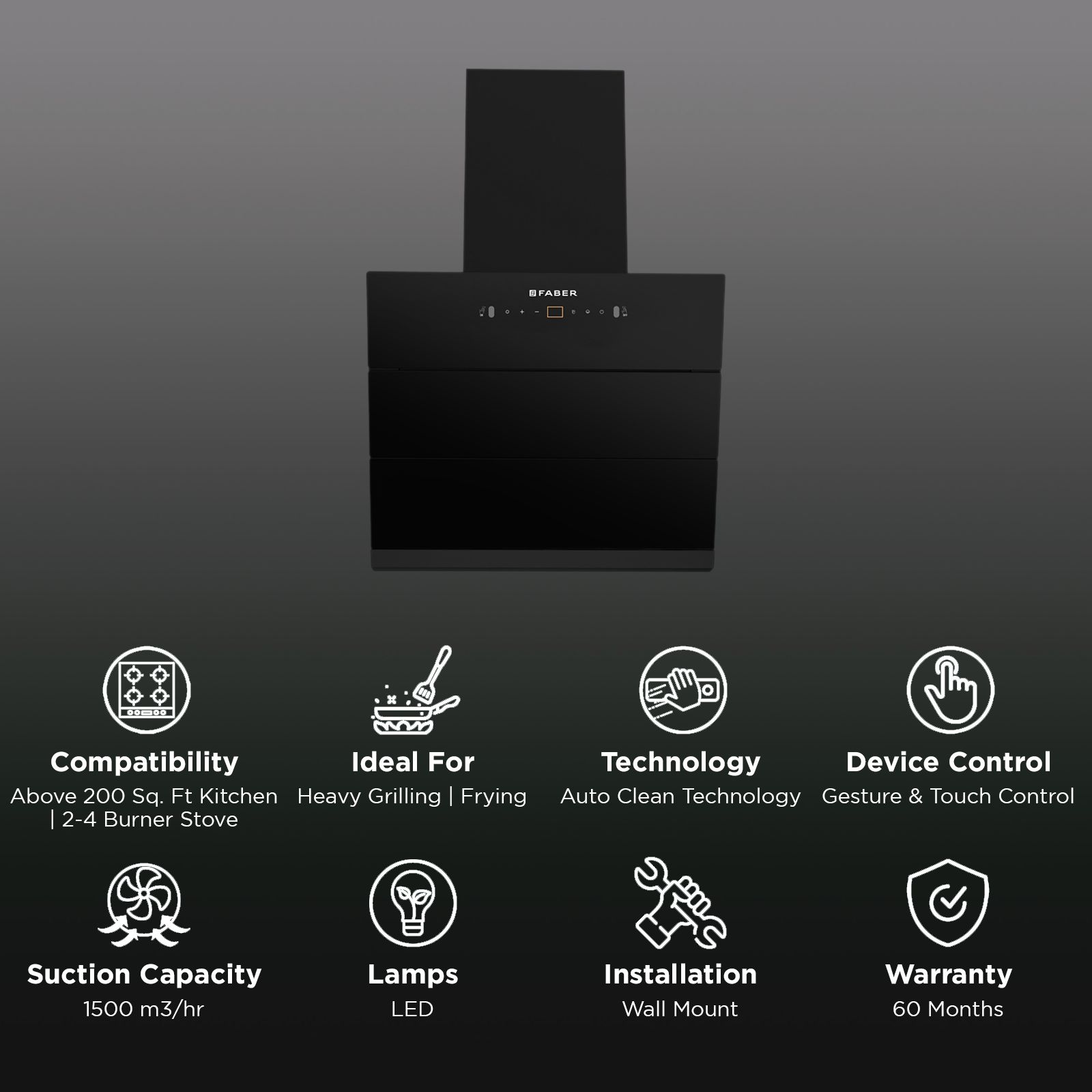 FABER AETHER BLDC HC SC BK 60 60cm 1500m3/hr Ducted Auto Clean Wall Mounted Chimney with Gesture and Remote Control (Black) FABER AETHER BLDC HC SC BK 60 60cm 1500m3/hr Ducted Auto Clean Wall Mounted Chimney with Gesture and Remote Control (Black)_3