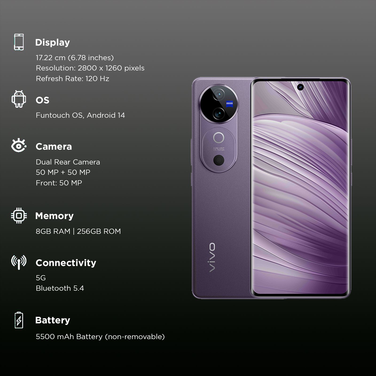 vivo V40 5G (8GB RAM, 256GB, Lotus Purple) vivo V40 5G (8GB RAM, 256GB, Lotus Purple)_3