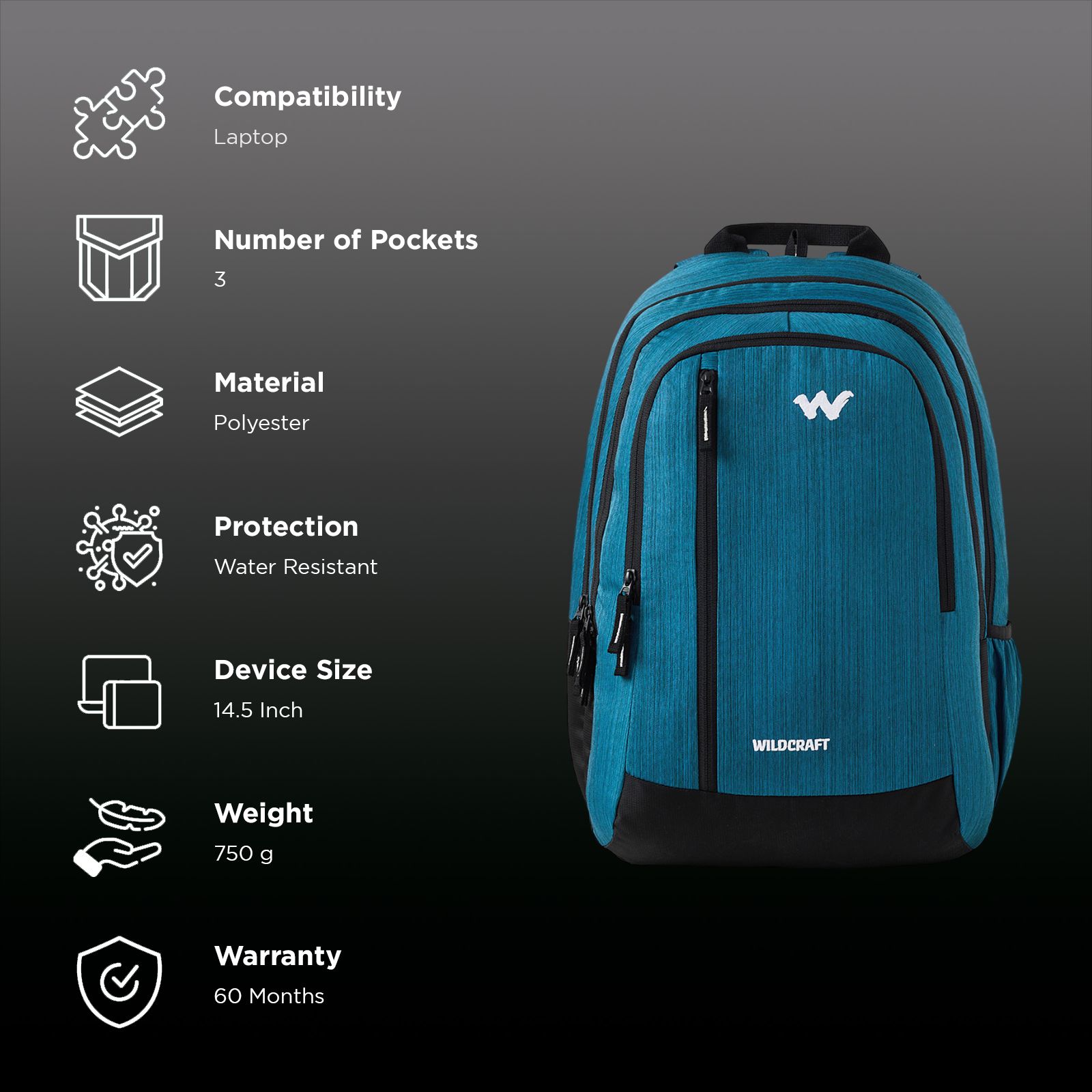 WILDCRAFT Casper 2 Polyester Laptop Backpack for 14.5 Inch Laptop (Water Resistant, Blue)_2