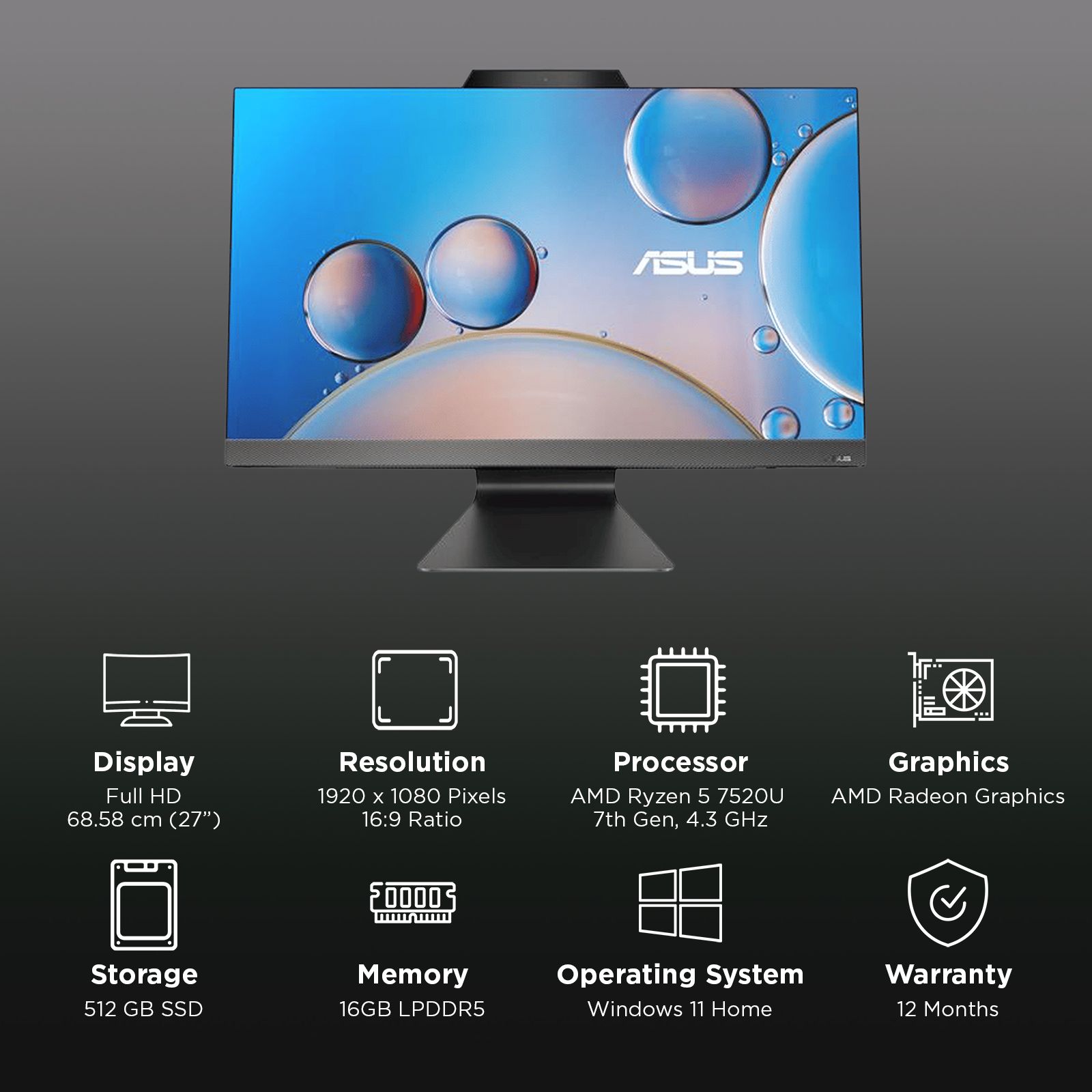ASUS M3702WFA-BA002WS 27 Inch Full HD Display AMD Ryzen 5 7520U Windows 11 Home Desktop (16GB, 512GB SSD, AMD Radeon)_3
