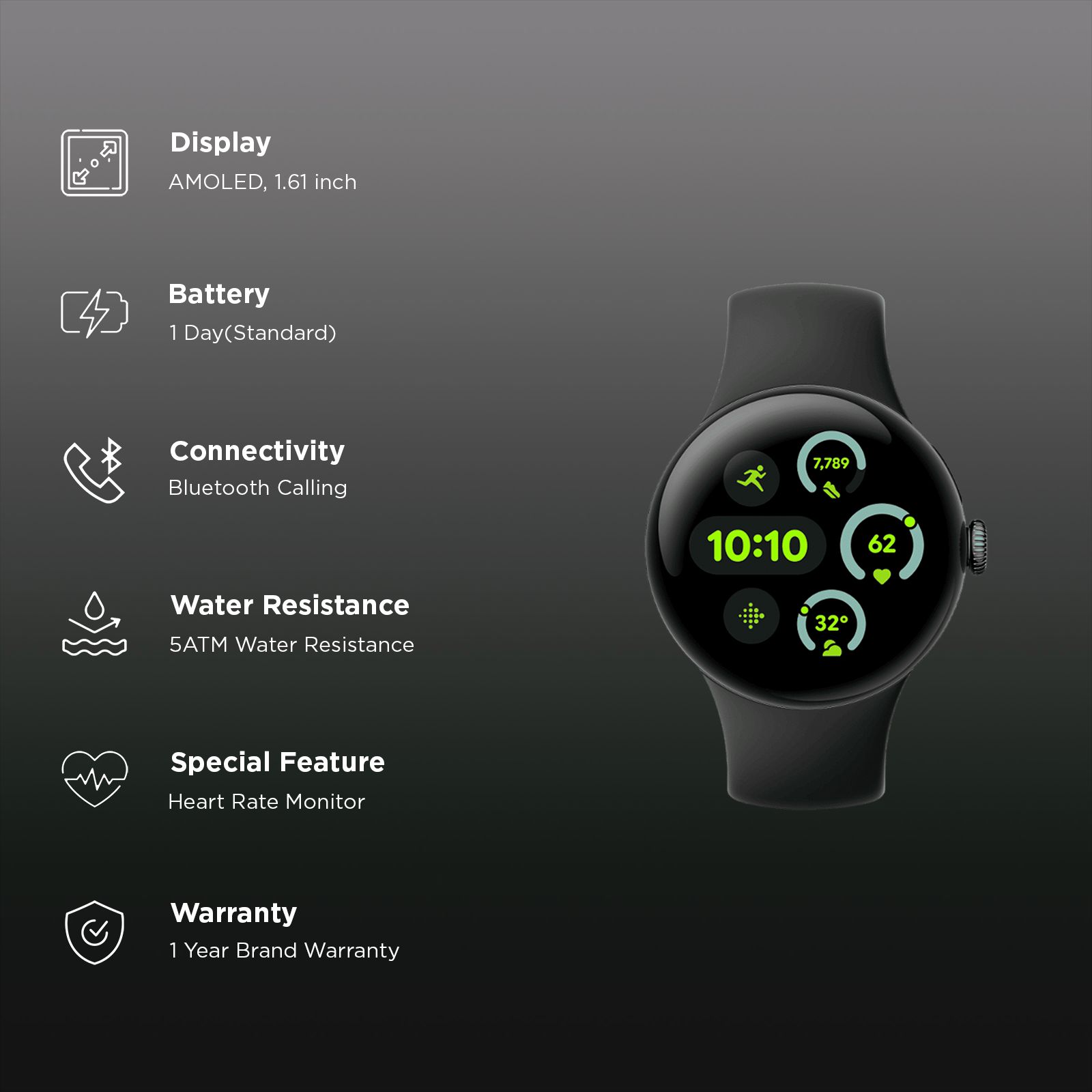 Google Pixel Watch 3 Wi-Fi+Bluetooth Wear OS 5.0 Smartwatch (41mm AMOLED Display, Snapdragon W5 Gen 1 Cortex-M33 co-processor, Fall Detection, Obsidian Active Band)_2
