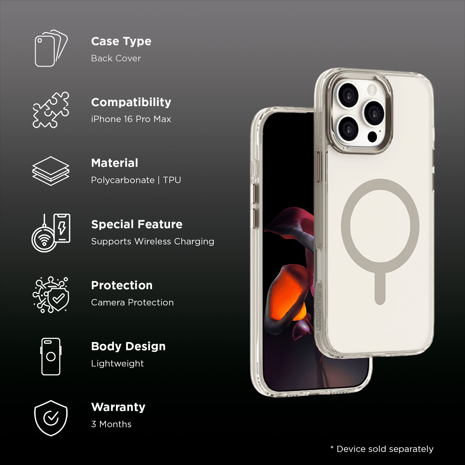Muvtech Plyo SNAP Series TPU & Polycarbonate Back Cover for Apple iPhone 16 Pro Max (Wireless Charging Compatible, Titanium) Muvtech Plyo SNAP Series TPU & Polycarbonate Back Cover for Apple iPhone 16 Pro Max (Wireless Charging Compatible, Titanium)_2