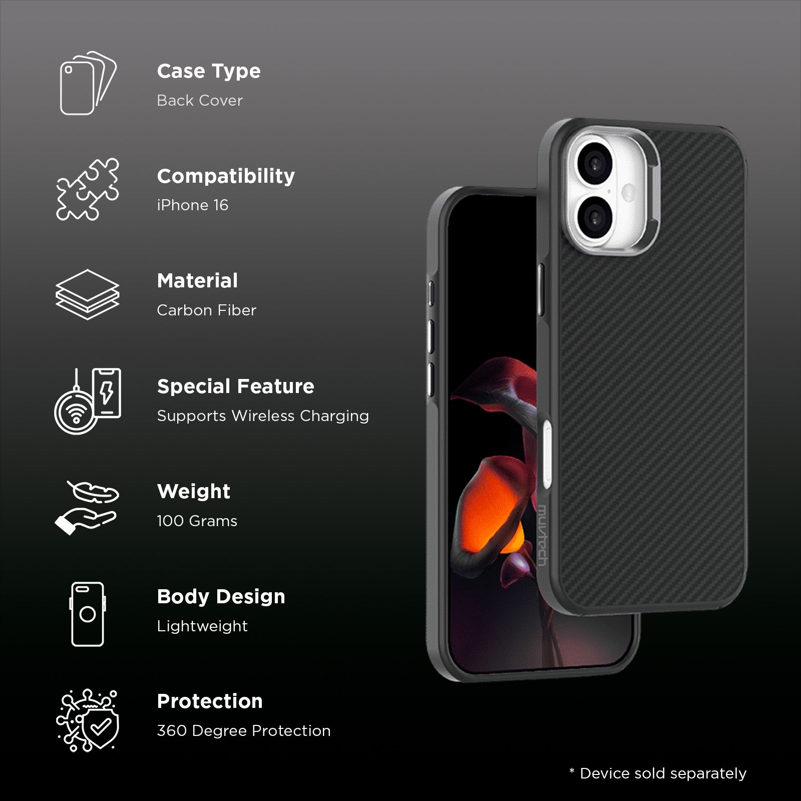 Muvtech CABO Snap Carbon Fiber Back Cover for Apple iPhone 16 (Wireless Charging Compatible, Black)_2