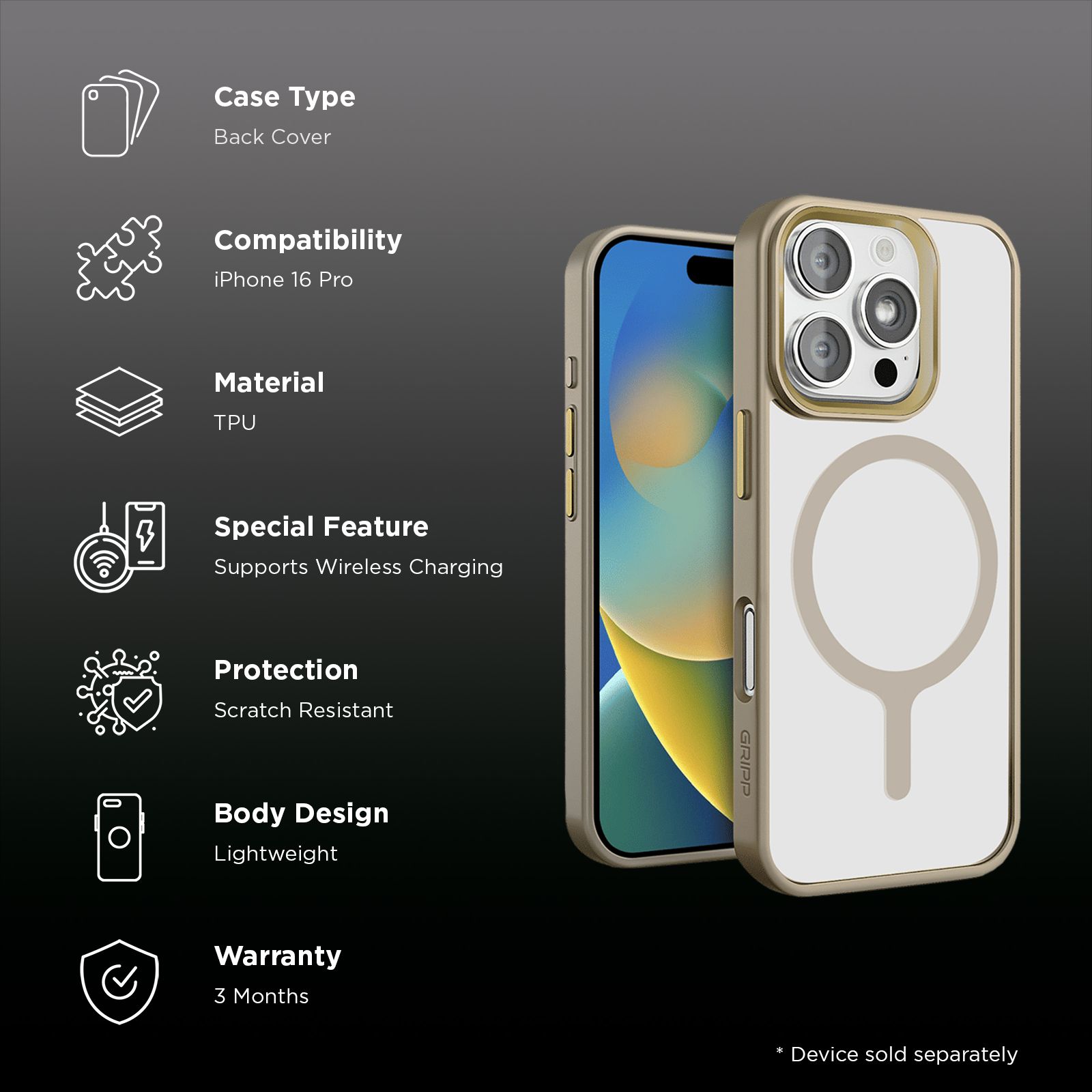 GRIPP Clarion Hard & Soft TPU & Polycarbonate Back Cover for Apple iPhone 16 Pro (MagSafe Compatible, Gold) GRIPP Clarion Hard & Soft TPU & Polycarbonate Back Cover for Apple iPhone 16 Pro (MagSafe Compatible, Gold)_2