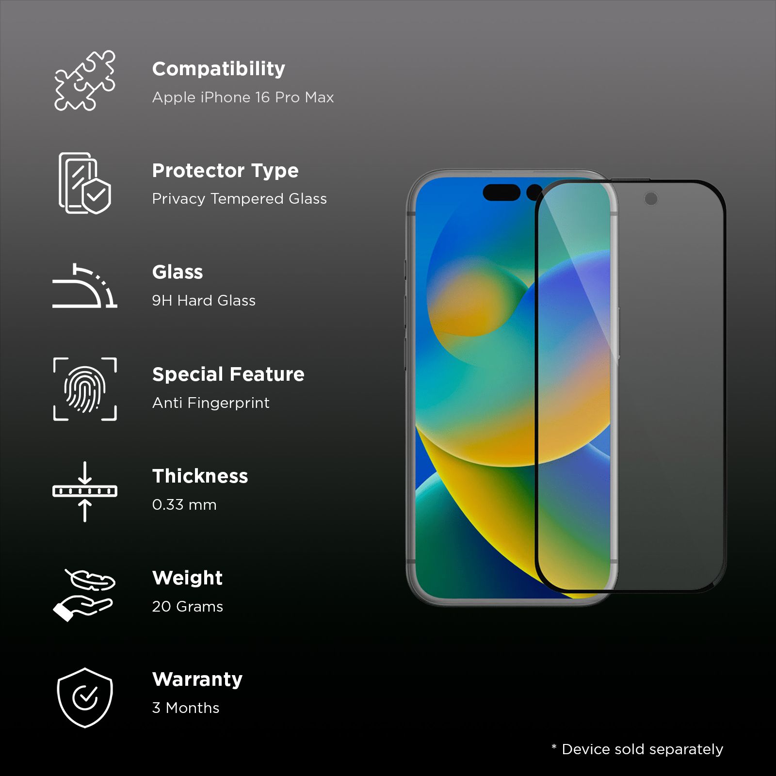 GRIPP Privacy Tempered Glass for Apple iPhone 16 Pro Max (9H Hardness Scratch Resistant) GRIPP Privacy Tempered Glass for Apple iPhone 16 Pro Max (9H Hardness Scratch Resistant)_3