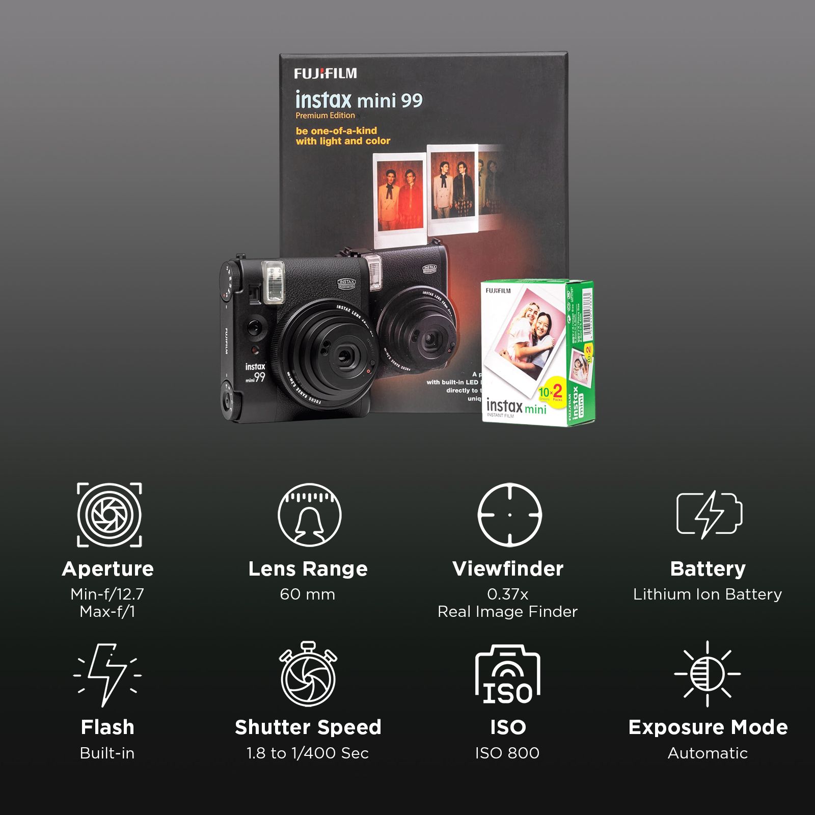 FUJIFILM Instax Mini 99 Premium Edition Pack Instant Camera with 20 Shots (Black) FUJIFILM Instax Mini 99 Premium Edition Pack Instant Camera with 20 Shots (Black)_2