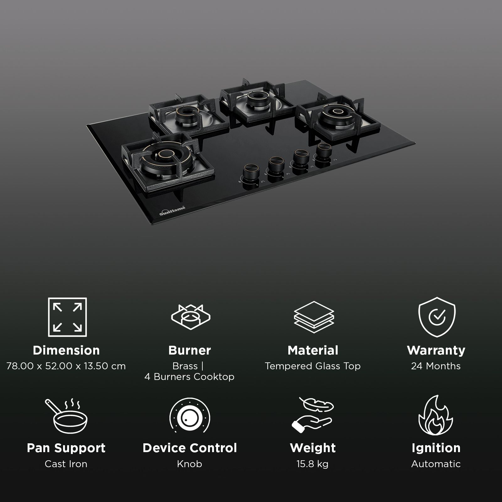 Sunflame SFM-478 BCS Tempered Glass Top 4 Burner Automatic Hob (Cast Iron Pan Supports, Black) Sunflame SFM-478 BCS Tempered Glass Top 4 Burner Automatic Hob (Cast Iron Pan Supports, Black)_3