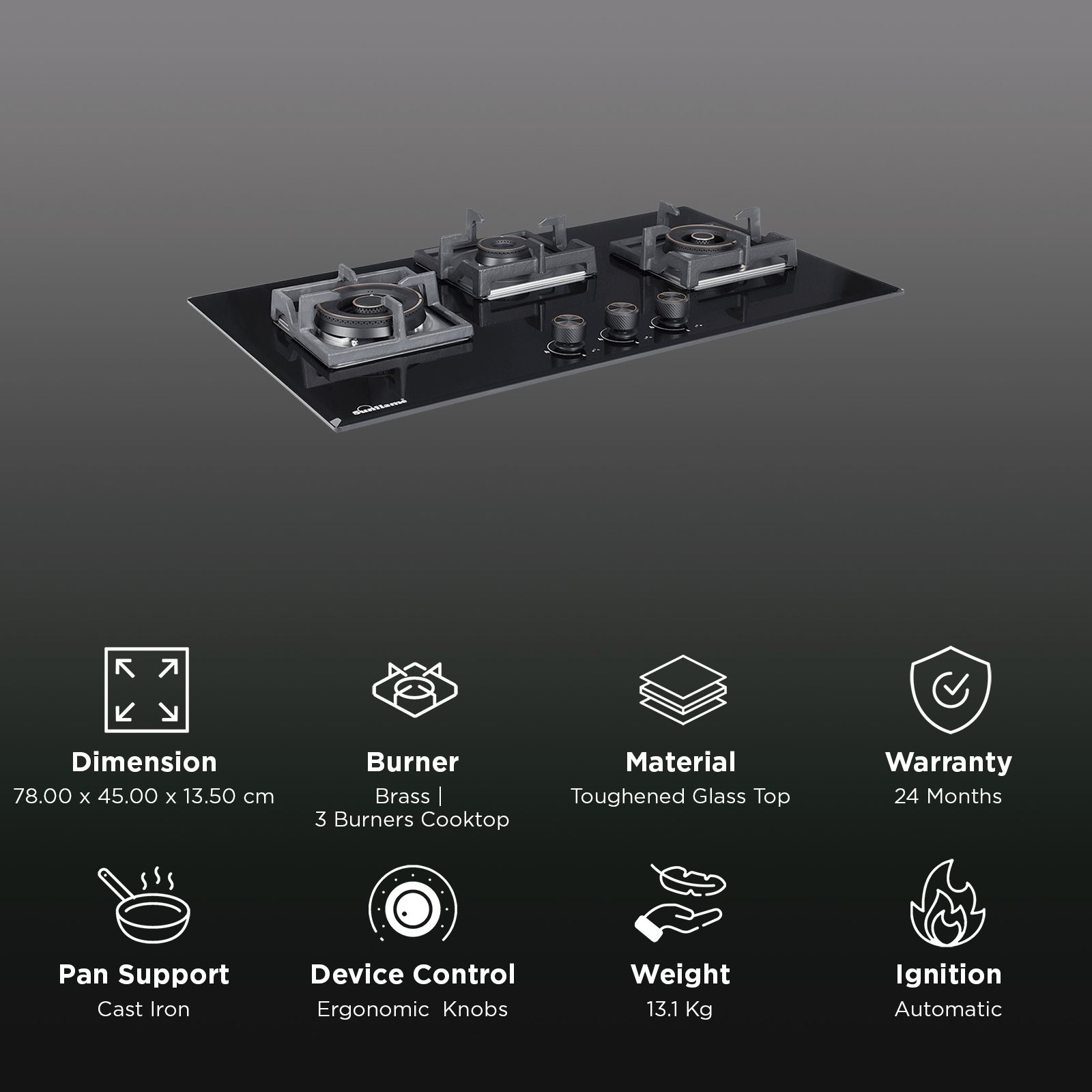 Sunflame SFM-378 BCS Toughened Glass Top 3 Burner Automatic Hob (Cast Iron Pan Supports, Black) Sunflame SFM-378 BCS Toughened Glass Top 3 Burner Automatic Hob (Cast Iron Pan Supports, Black)_3