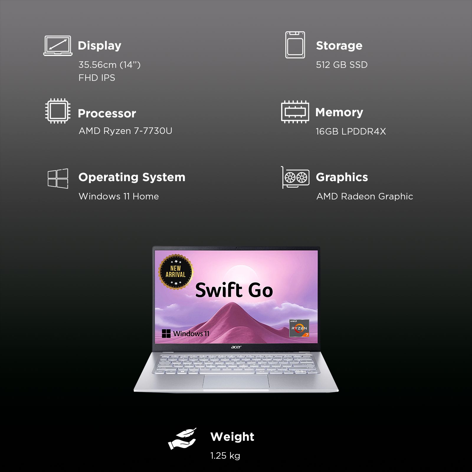 acer Swift Go AMD Ryzen 7 7730U Thin & Light Laptop (16GB, 512GB SSD, Windows 11 Home, 14 inch Full HD IPS Display, MS Office, Pure Silver, 1.25 KG)_3