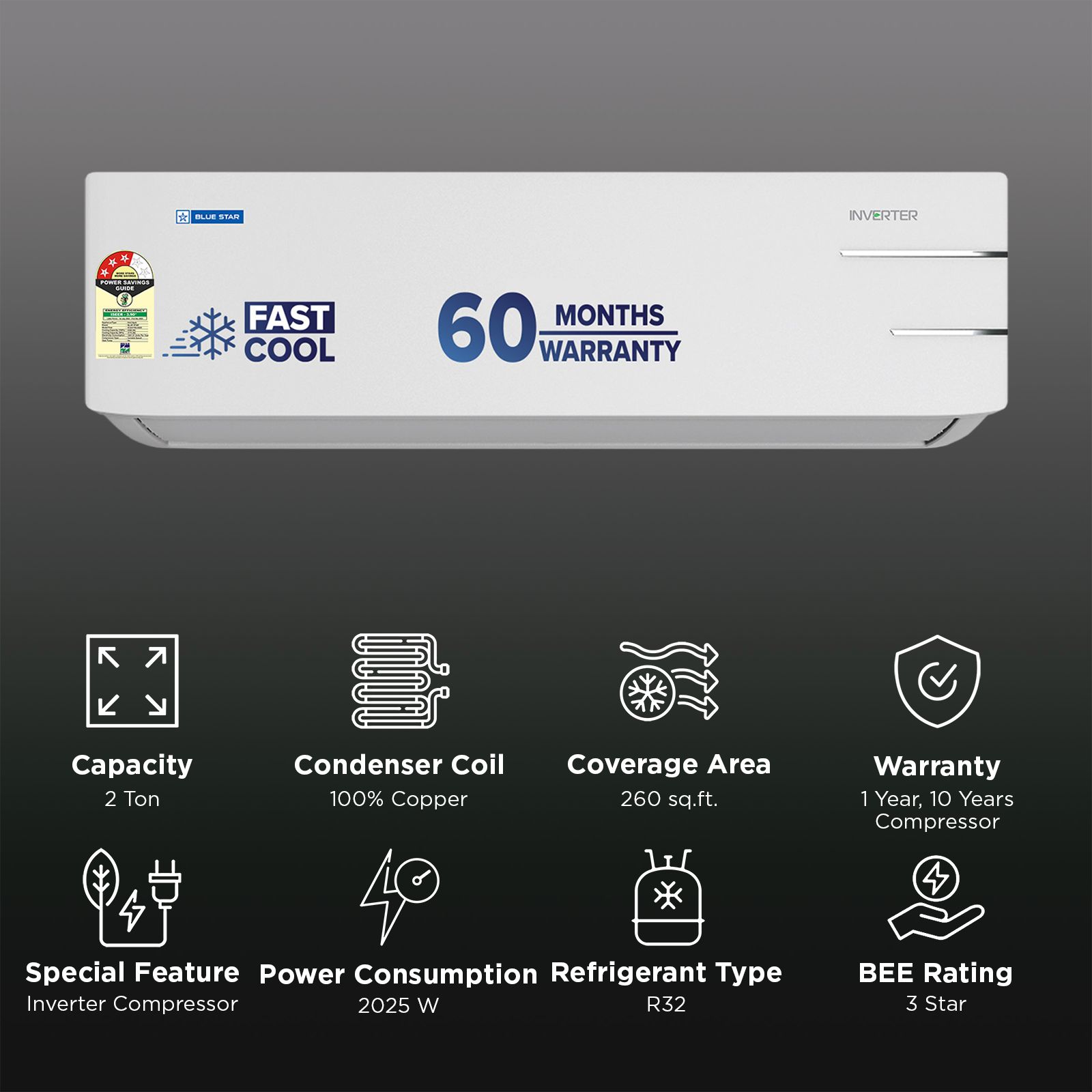 Blue Star Y Series 5 in 1 Convertible 2 Ton 3 Star Inverter Split AC with Anti Corrosive Blue Fins (2025 Model, Copper Condenser, IE324YNU) Blue Star Y Series 5 in 1 Convertible 2 Ton 3 Star Inverter Split AC with Anti Corrosive Blue Fins (2025 Model, Copper Condenser, IE324YNU)_2