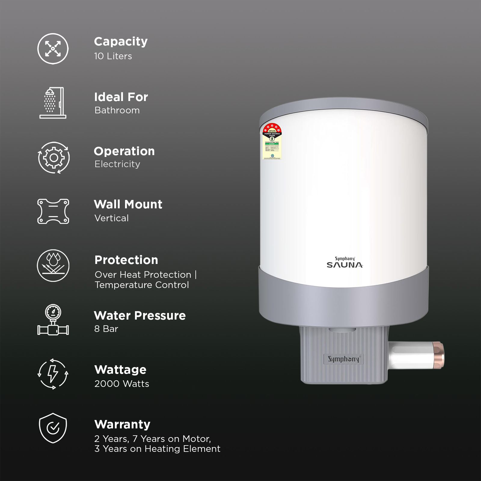 Symphony Sauna 10 Litre 5 Star Vertical Storage Geyser with Hair Fall Control (White & Grey)_3