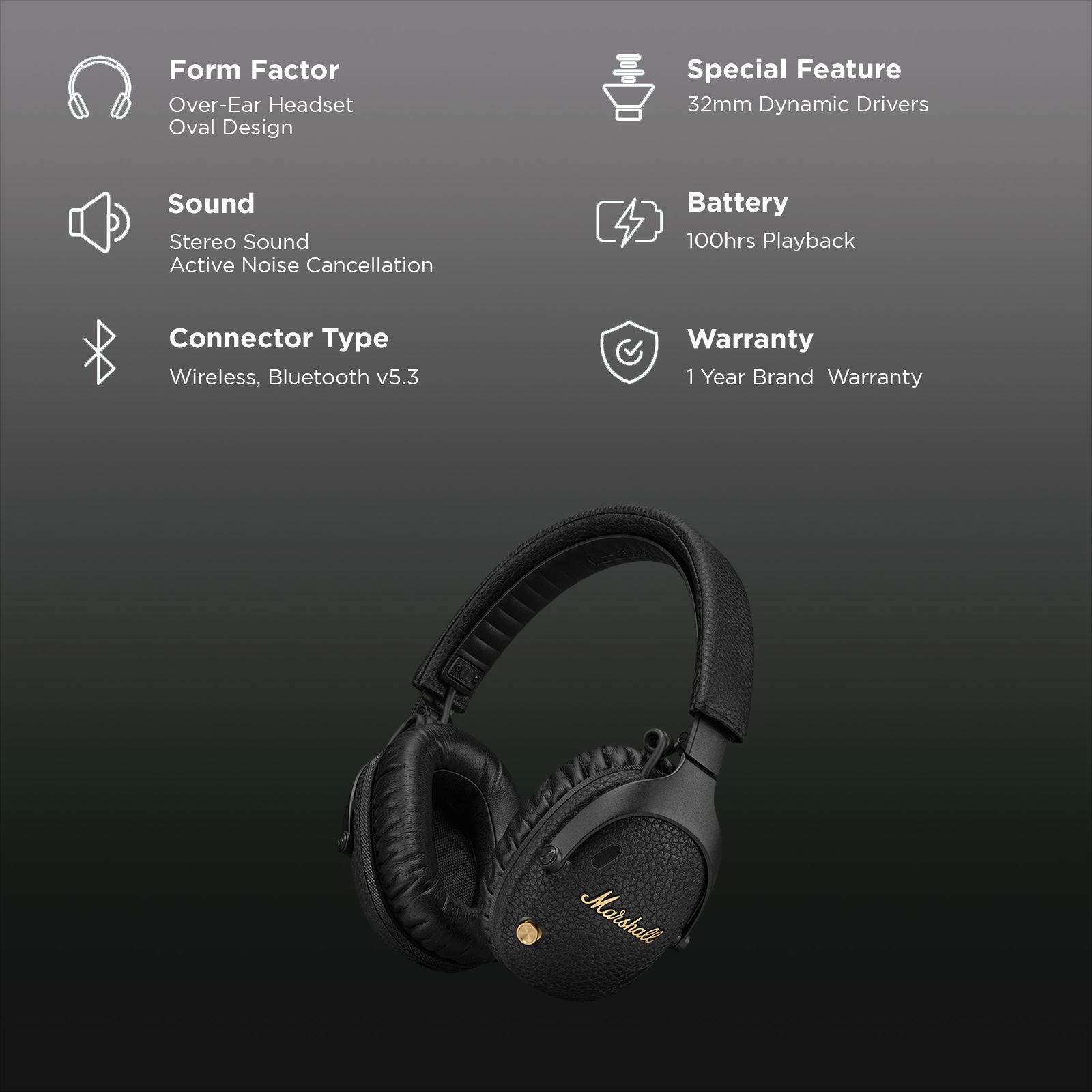 Marshall Monitor 3 Bluetooth Headphone with Mic (Active Noise Cancellation, Over Ear, Black)_2