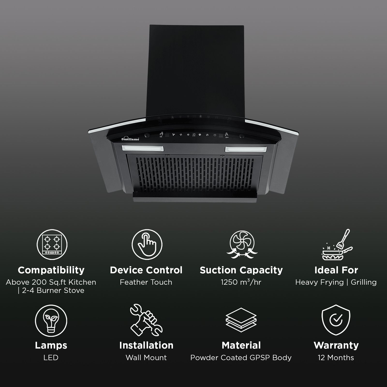 Sunflame Genial 60cm 1250m3/hr Ducted Auto Clean Wall Mounted Chimney with Motion Sensor Control (Black) Sunflame Genial 60cm 1250m3/hr Ducted Auto Clean Wall Mounted Chimney with Motion Sensor Control (Black)_3
