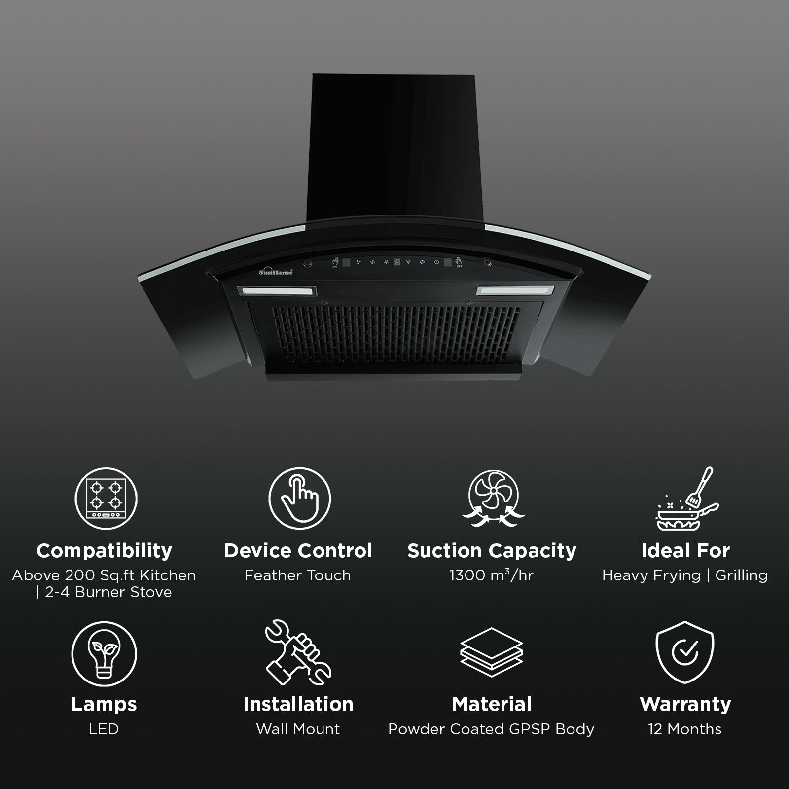 Sunflame Genial 75cm 1300m3/hr Ducted Auto Clean Wall Mounted Chimney with Motion Sensor Control (Black) Sunflame Genial 75cm 1300m3/hr Ducted Auto Clean Wall Mounted Chimney with Motion Sensor Control (Black)_3