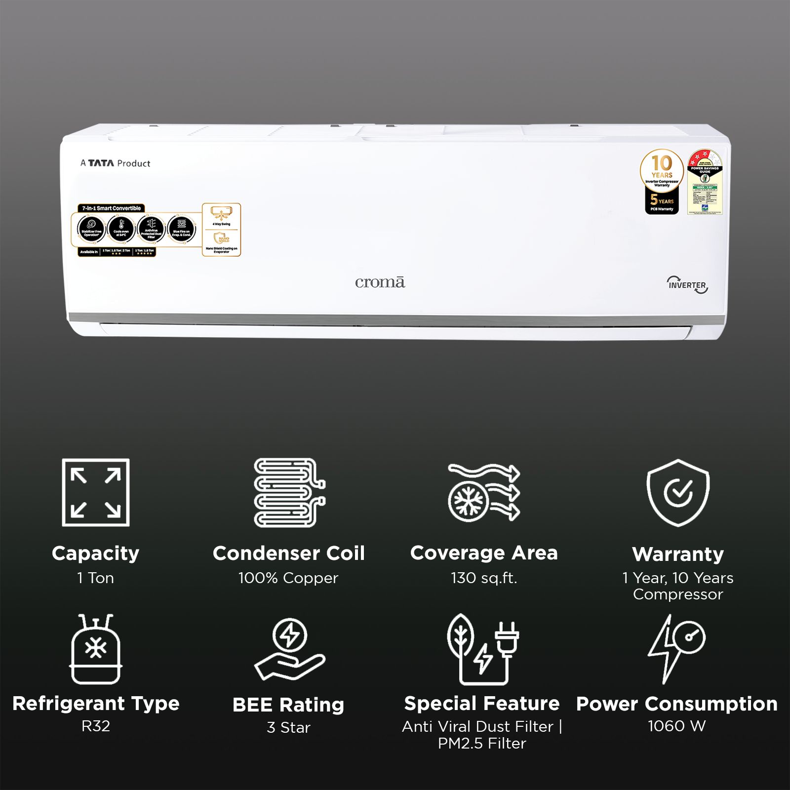 Croma 7 in 1 Convertible 1 Ton 3 Star Inverter Split AC with Temperature Sensor (2025 Model, Copper Condenser, CRLA012IND283266) Croma 7 in 1 Convertible 1 Ton 3 Star Inverter Split AC with Temperature Sensor (2025 Model, Copper Condenser, CRLA012IND283266)_2