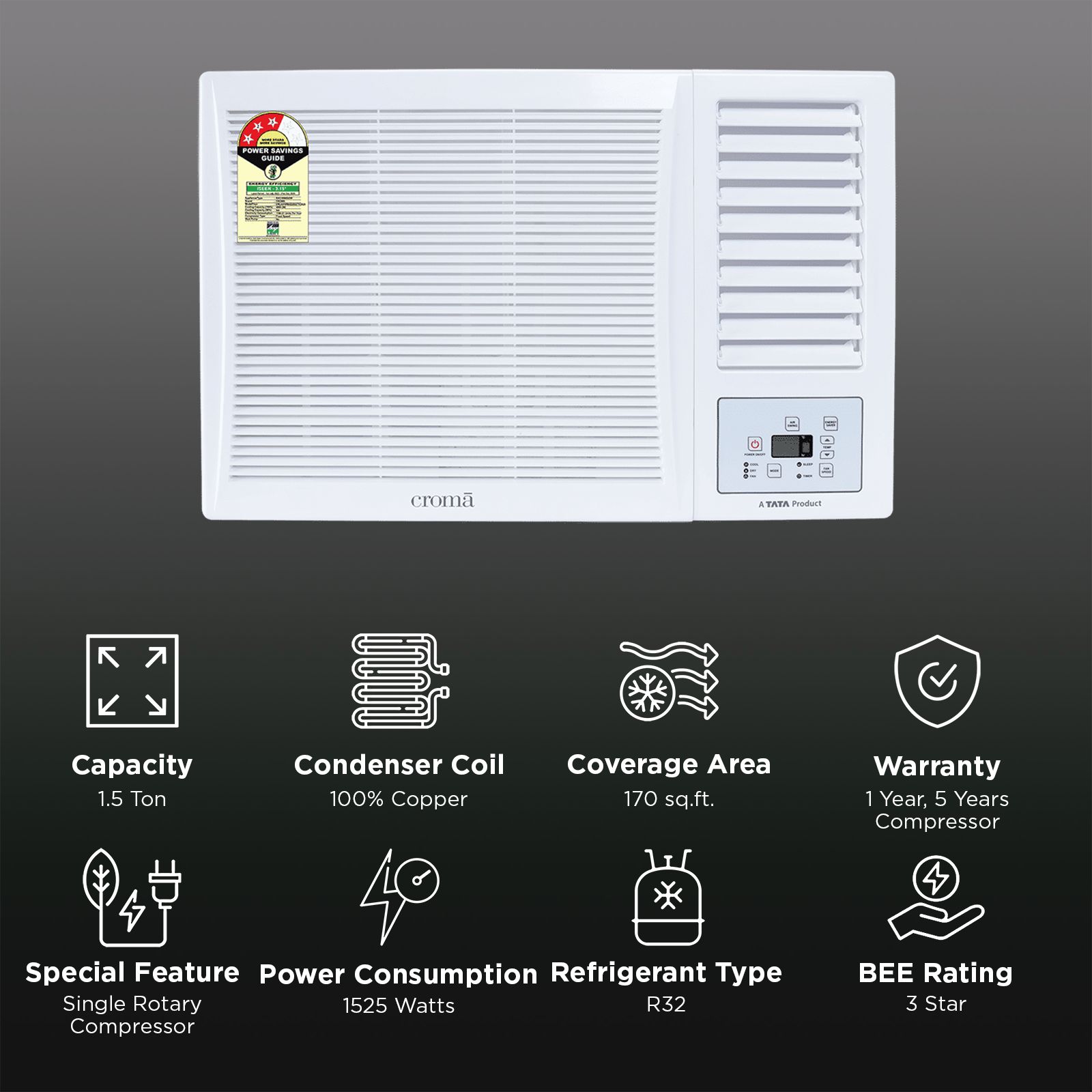 Croma 1.5 Ton 3 Star Window AC (2025 Model, Copper Condenser, Dust Filter) Croma 1.5 Ton 3 Star Window AC (2025 Model, Copper Condenser, Dust Filter)_2