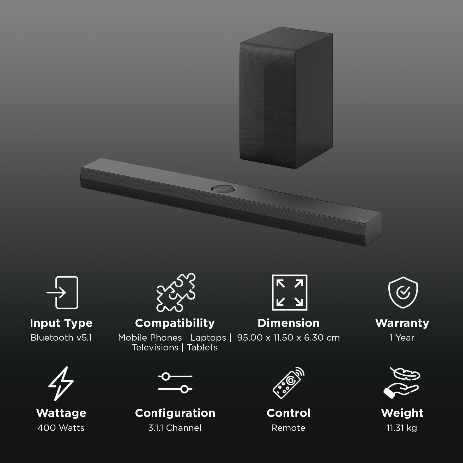 LG S70TY 400W Bluetooth Soundbar with Remote (Dolby Digital, 3.1.1 Channel, Black) LG S70TY 400W Bluetooth Soundbar with Remote (Dolby Digital, 3.1.1 Channel, Black)_2