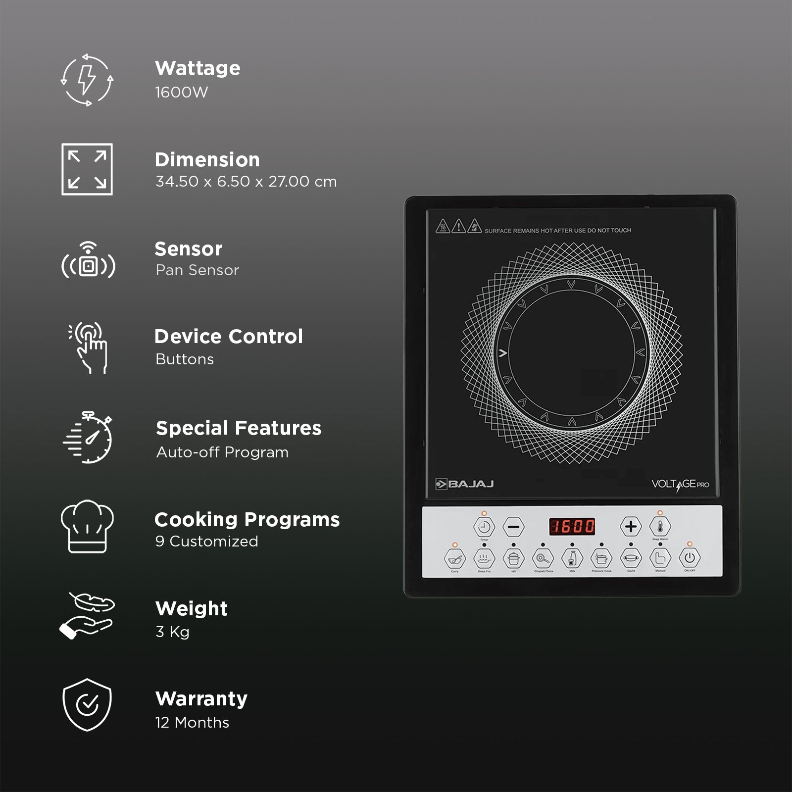 BAJAJ 160TS Neo 1600W Induction Cooktop with 9 Preset Menus_3