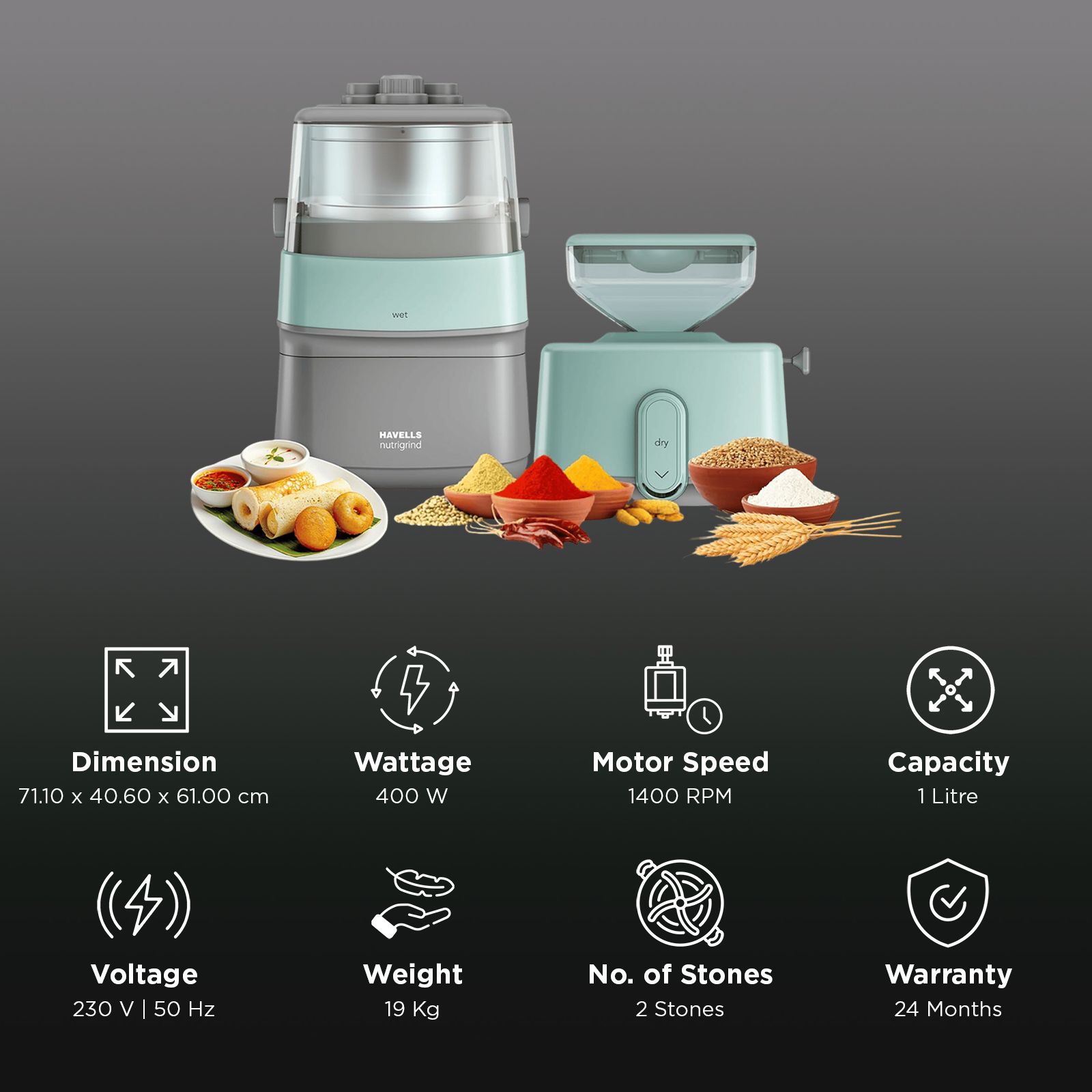 HAVELLS Nutri Grind 1 Litre 2 Stones Wet & Dry Grinder (Induction Motor, Pista Grey)_3