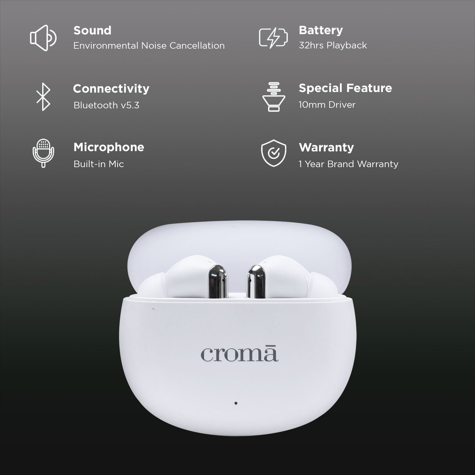 Croma TWS Earbuds with Environmental Noise Cancellation (IPX4 Water Resistant, Quad Mic, White) Croma TWS Earbuds with Environmental Noise Cancellation (IPX4 Water Resistant, Quad Mic, White)_2