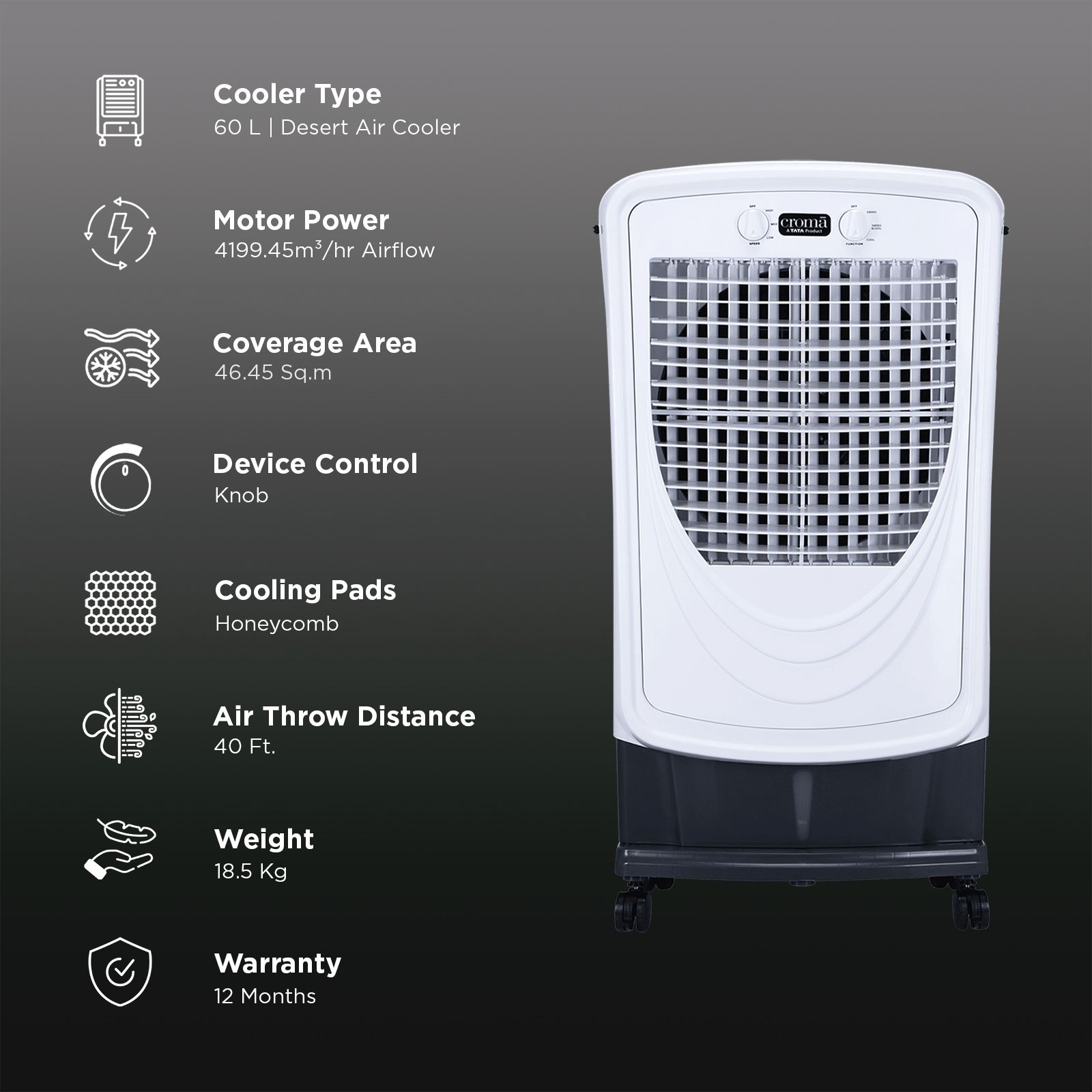 Croma 60 Litres Desert Air Cooler with Water Level Indicator (Inverter Compatible, White)_3