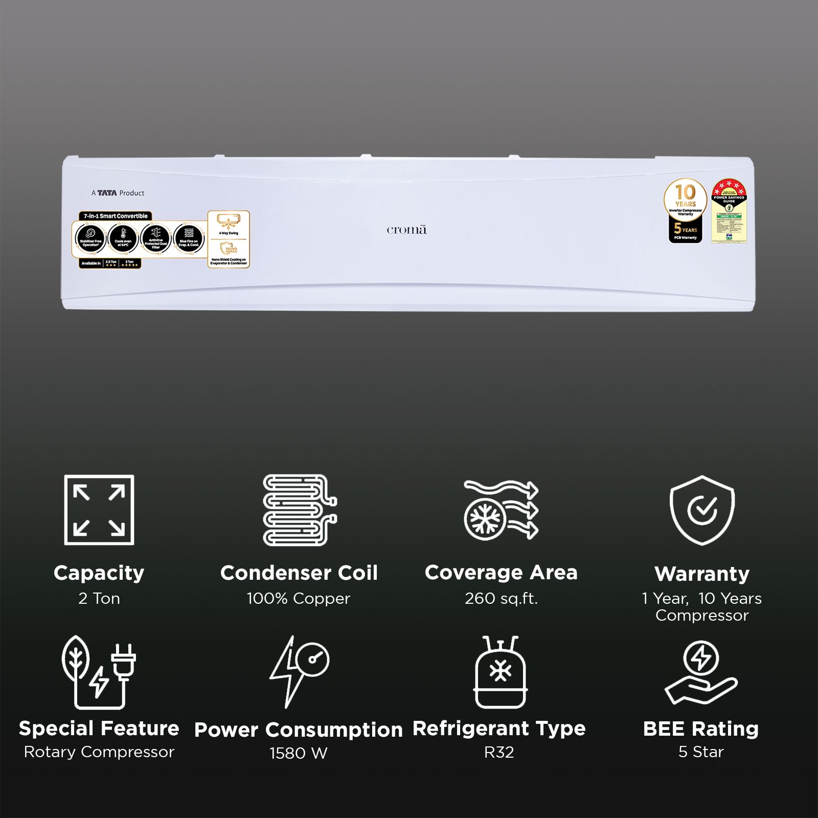 Croma 7 in 1 Convertible 2 Ton 5 Star Inverter Split AC with PM 2.5 Filter (2025 Model, Copper Condenser, CRLA024INF170279)_2