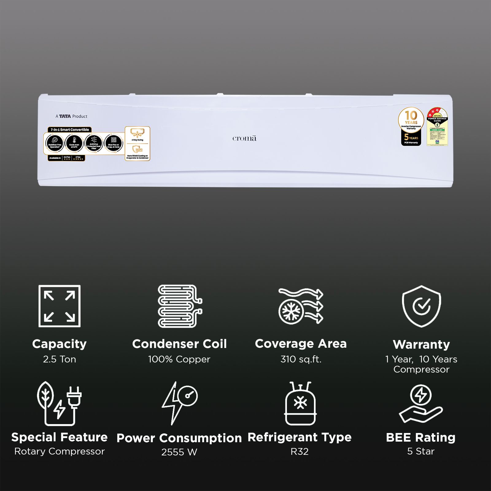 Croma 7 in 1 Convertible 2.5 Ton 3 Star Inverter Split AC with PM 2.5 Filter (2025 Model, Copper Condenser, CRLA026IND170280)_2