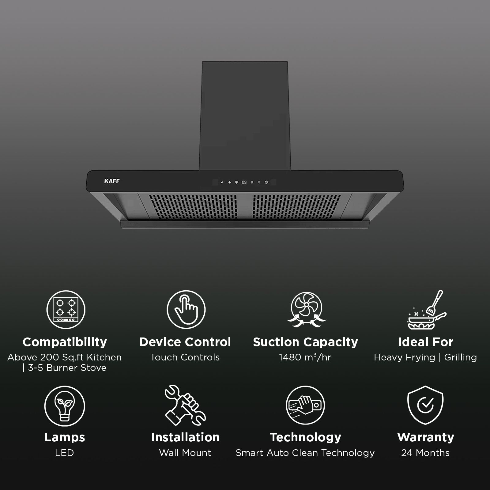 KAFF BRANDO 90 DC 90cm 1480m3/hr Ducted Auto Clean Wall Mounted Chimney with Motion Sensor Control (Black) KAFF BRANDO 90 DC 90cm 1480m3/hr Ducted Auto Clean Wall Mounted Chimney with Motion Sensor Control (Black)_3