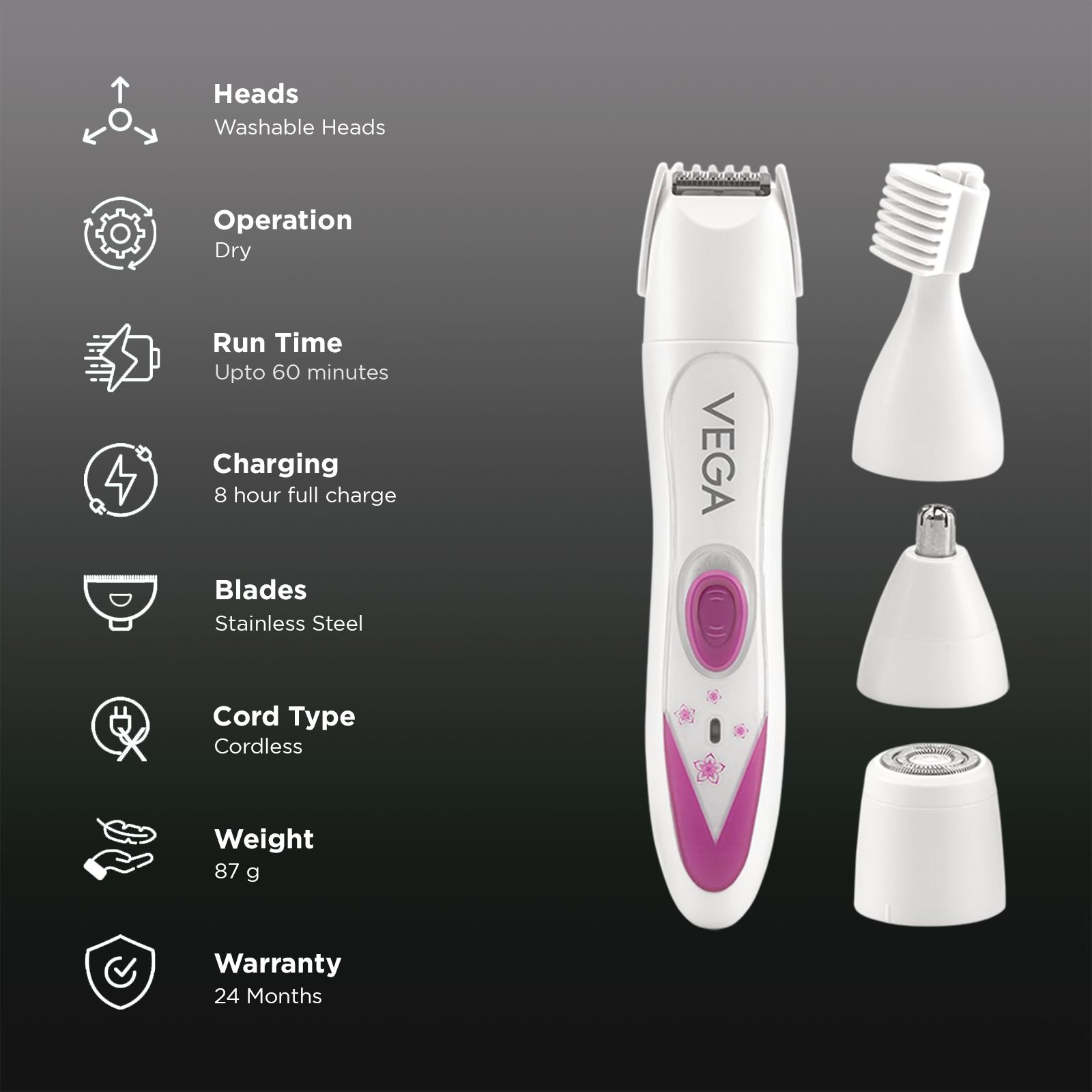 VEGA Feather Touch Rechargeable Cordless 4-in-1 Dry Trimmer for Body, Eyebrow, Nose & Face for Women (60mins Runtime, Washable Blade, White) VEGA Feather Touch Rechargeable Cordless 4-in-1 Dry Trimmer for Body, Eyebrow, Nose & Face for Women (60mins Runtime, Washable Blade, White)_2