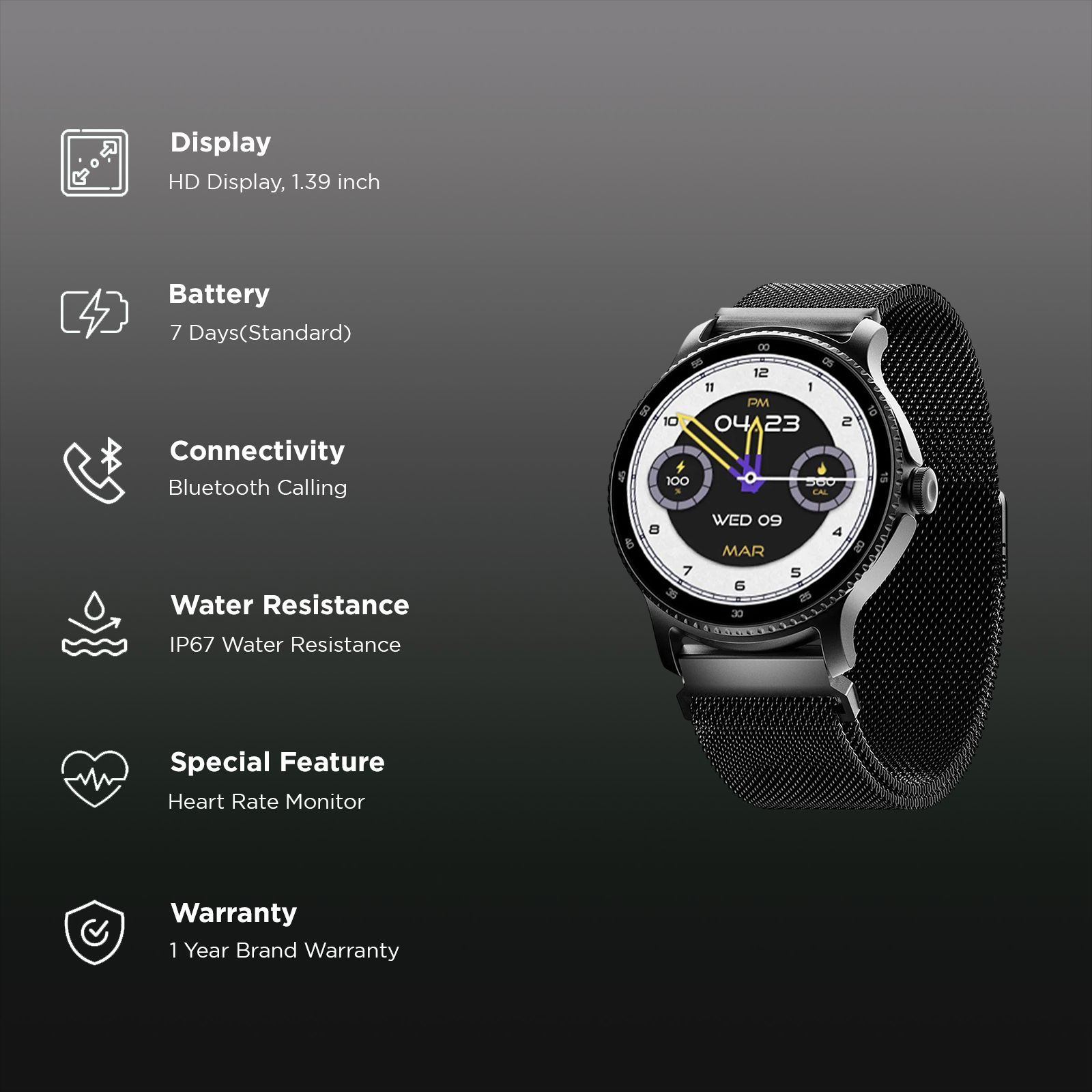 boAt Lunar Discovery Smartwatch with Bluetooth Calling (35mm HD Display, IP67 Water Resistant, Black Metal Strap)_2