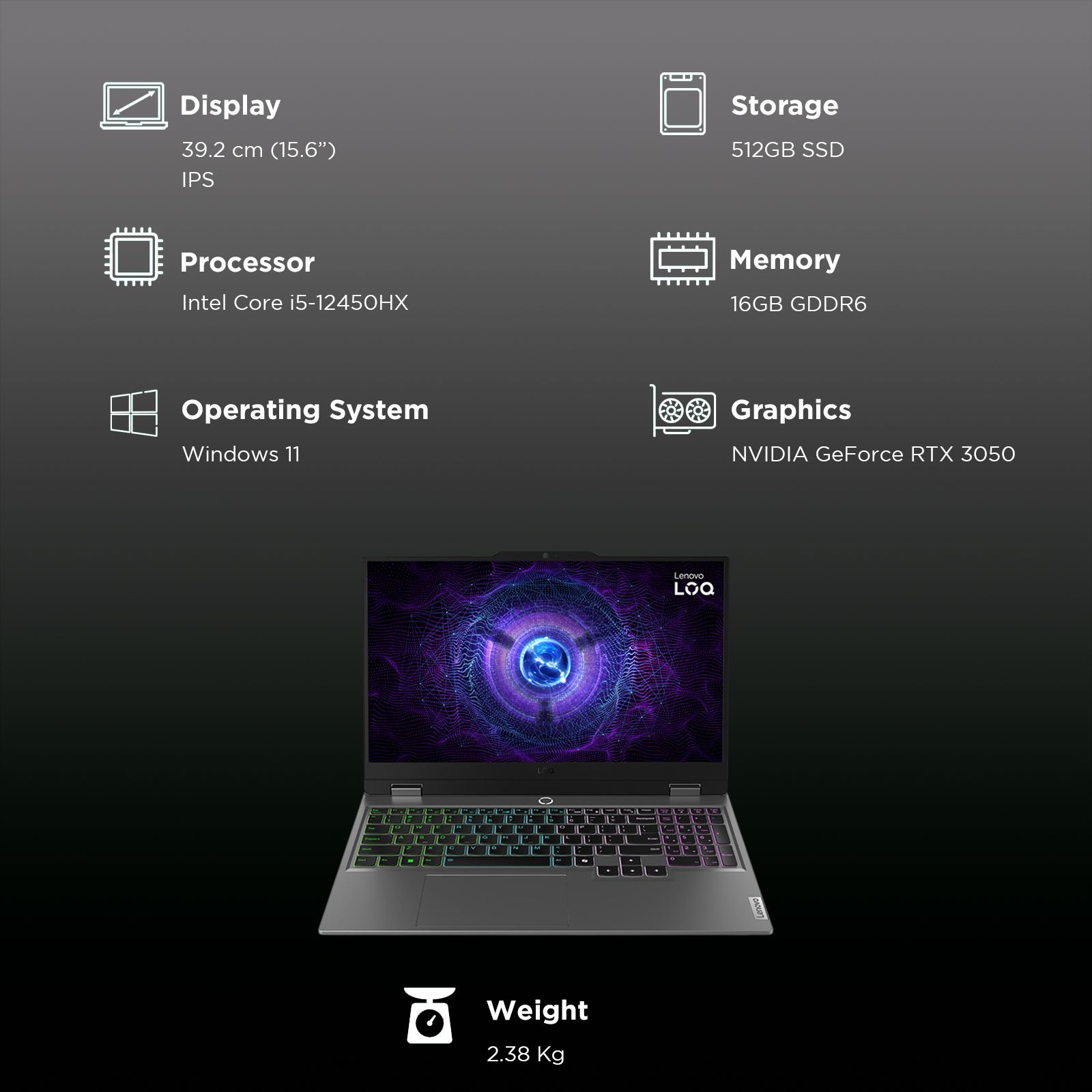 Lenovo LOQ 15IAX9 Intel Core i5 12th Gen Gaming Laptop (16GB, 512GB SSD, Windows 11 Home, 6GB Graphics, 15.6 inch 144 Hz IPS Display, NVIDIA GeForce RTX 3050, MS Office 2024, Luna Grey, 2.38 KG)_3