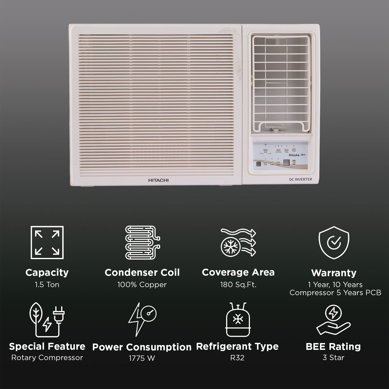 HITACHI Shizuka 1.5 Ton 3 Star Inverter Window AC (Copper Condenser, RAW318HHEO)_2