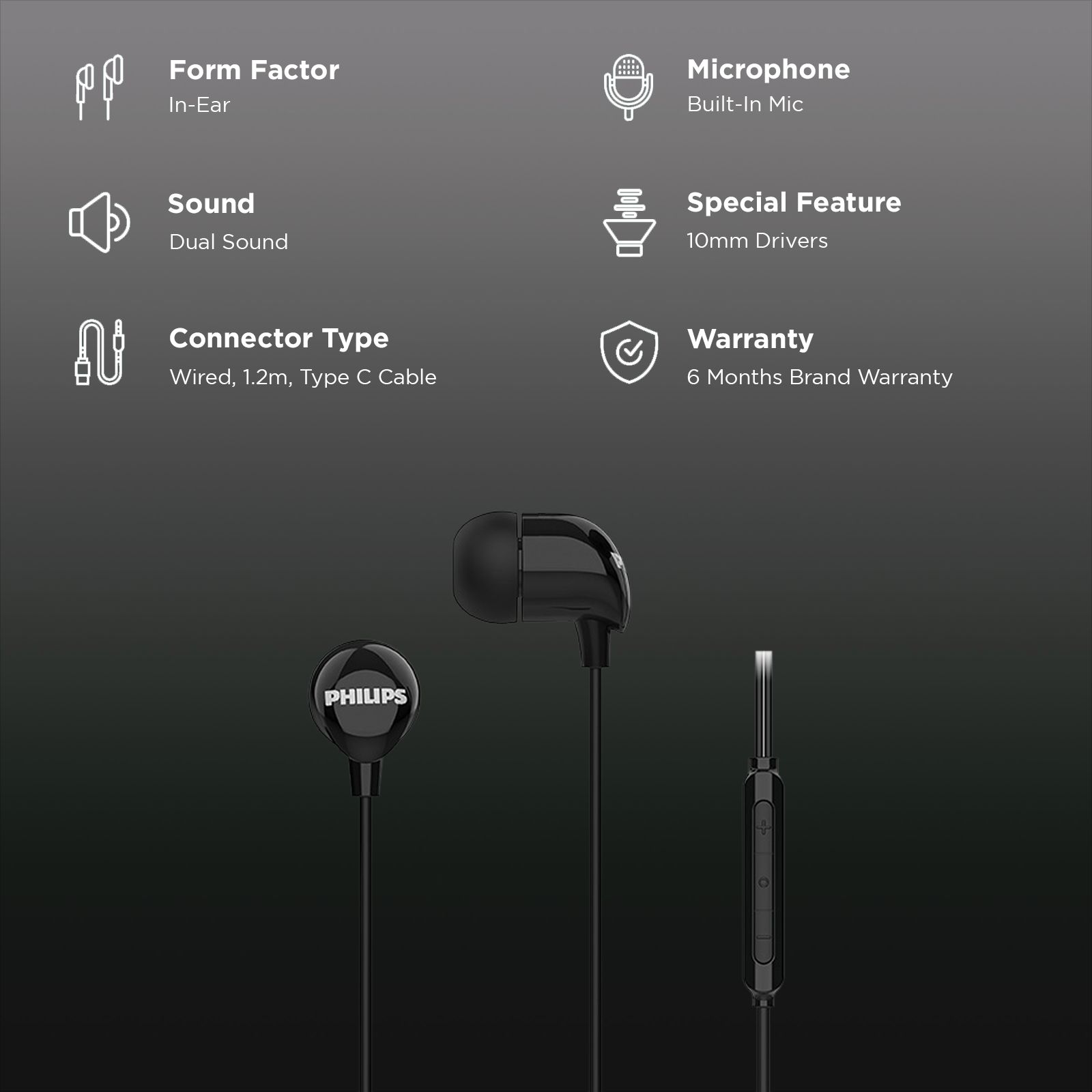 PHILIPS TAE2146 Wired Earphone with Mic (USB Type-C Connector, In Ear, Black) PHILIPS TAE2146 Wired Earphone with Mic (USB Type-C Connector, In Ear, Black)_2