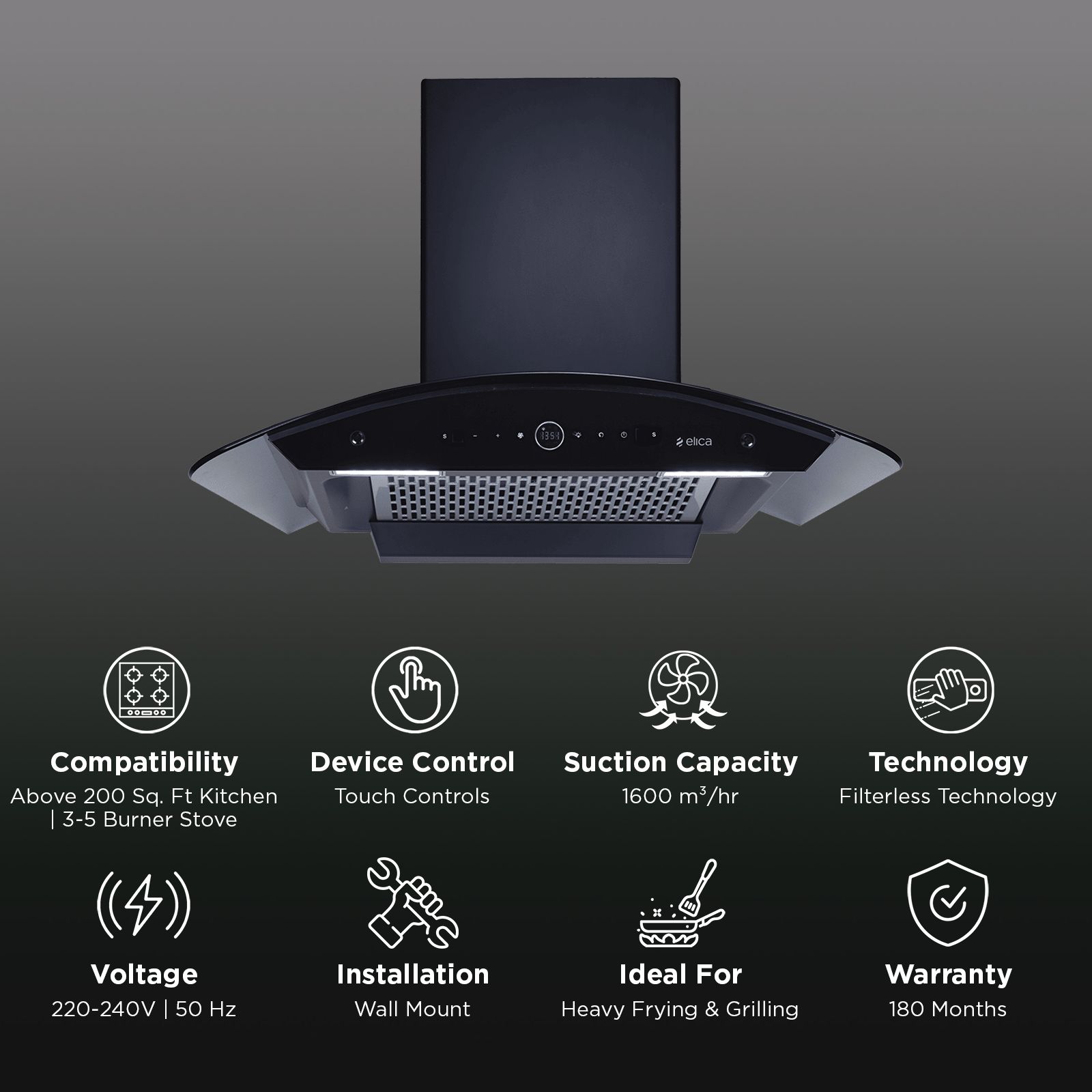elica PRO PLUS FL BLDC 75cm 1600m3/hr Ducted Auto Clean Wall Mounted Chimney with Motion Sensor Control (Black) elica PRO PLUS FL BLDC 75cm 1600m3/hr Ducted Auto Clean Wall Mounted Chimney with Motion Sensor Control (Black)_3