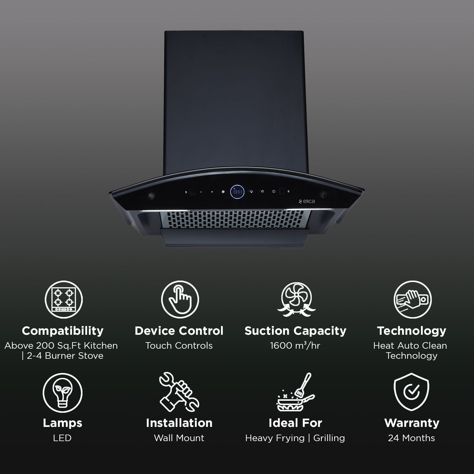 elica PRO PLUS FL BLDC 60cm 1600m3/hr Ducted Auto Clean Wall Mounted Chimney with Motion Sensor Control (Black) elica PRO PLUS FL BLDC 60cm 1600m3/hr Ducted Auto Clean Wall Mounted Chimney with Motion Sensor Control (Black)_3