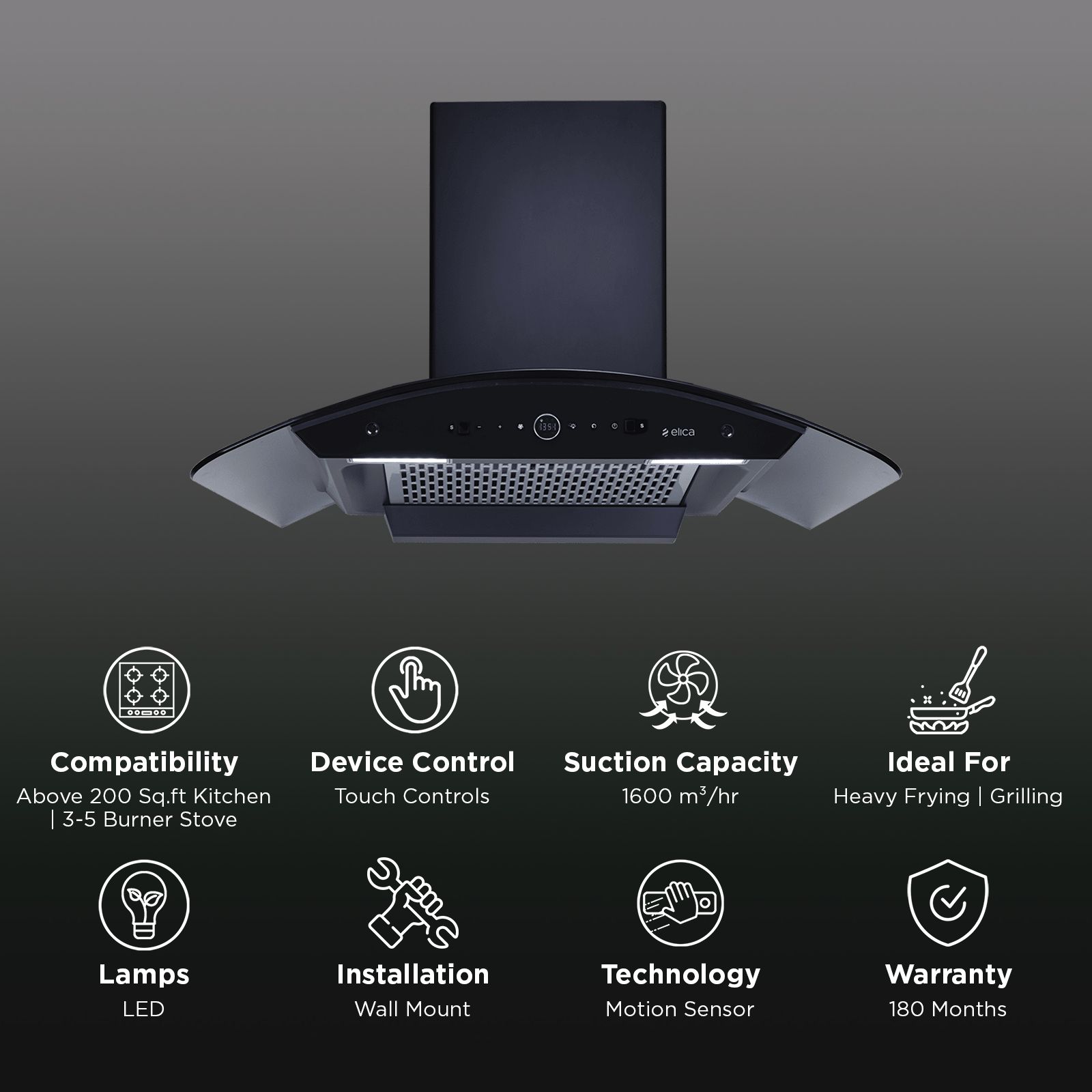 elica PRO PLUS FL BLDC 90cm 1600m3/hr Ducted Auto Clean Wall Mounted Chimney with Motion Sensor Control (Black) elica PRO PLUS FL BLDC 90cm 1600m3/hr Ducted Auto Clean Wall Mounted Chimney with Motion Sensor Control (Black)_3