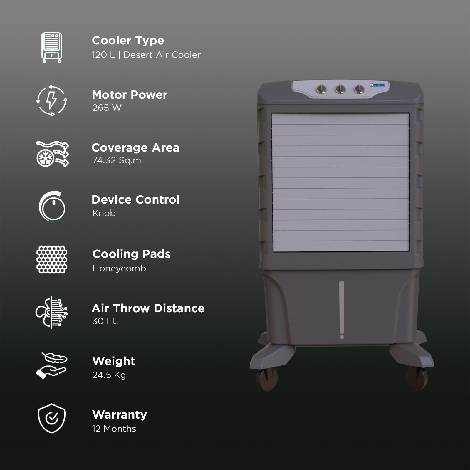 Blue Star Mega 120 Litres Desert Air Cooler with Thermal Overload Protection (Inverter Compatible, Grey)_3