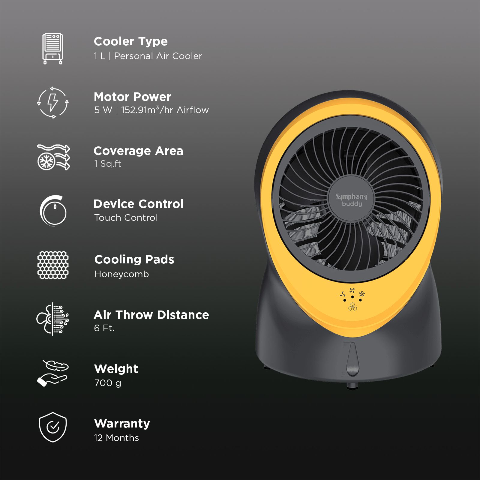 Symphony Buddy 1 Litre Personal Air Cooler with Whisper Quiet Operation (Touch Control, Yellow)_3