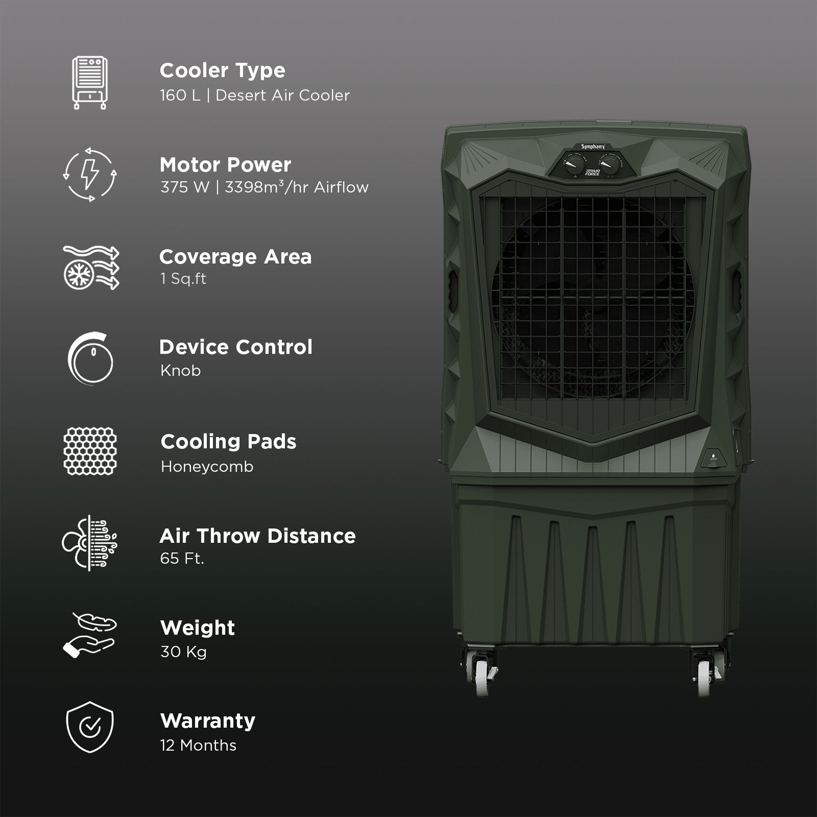 Symphony Air Force 160 Litres Desert Air Cooler with Xtra Power Jet Fan (Inverter Compatible, Militry Green) Symphony Air Force 160 Litres Desert Air Cooler with Xtra Power Jet Fan (Inverter Compatible, Militry Green)_3